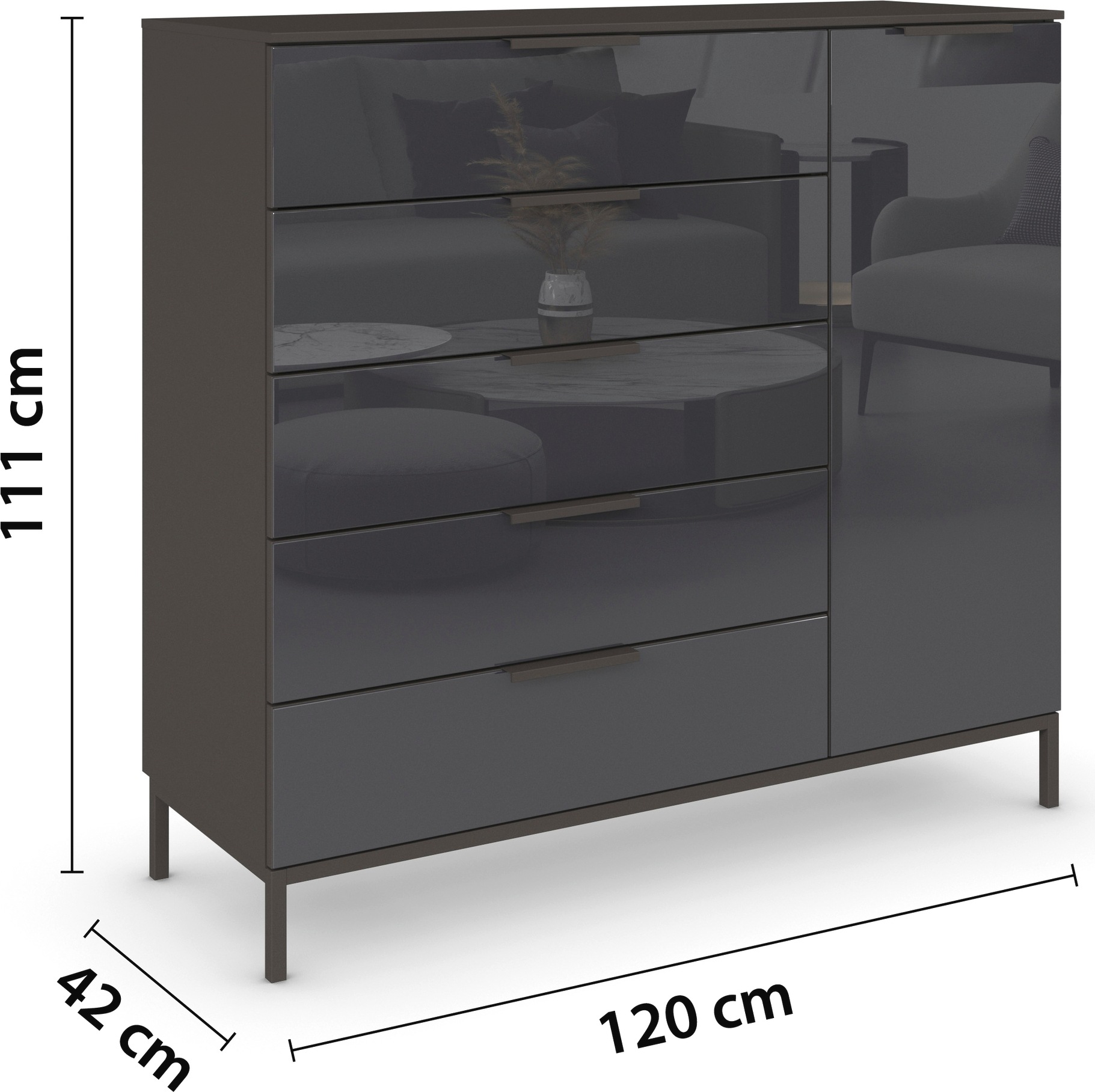 rauch Kombikommode »Kommode Türkommode Sideboard Kombikommode FLIPP mit Glasfront« Breite 120 cm mit 2 Einlegeböden,  1-türig mit 5 Schubladen und Soft-Close-Funktion sowie Glasfront