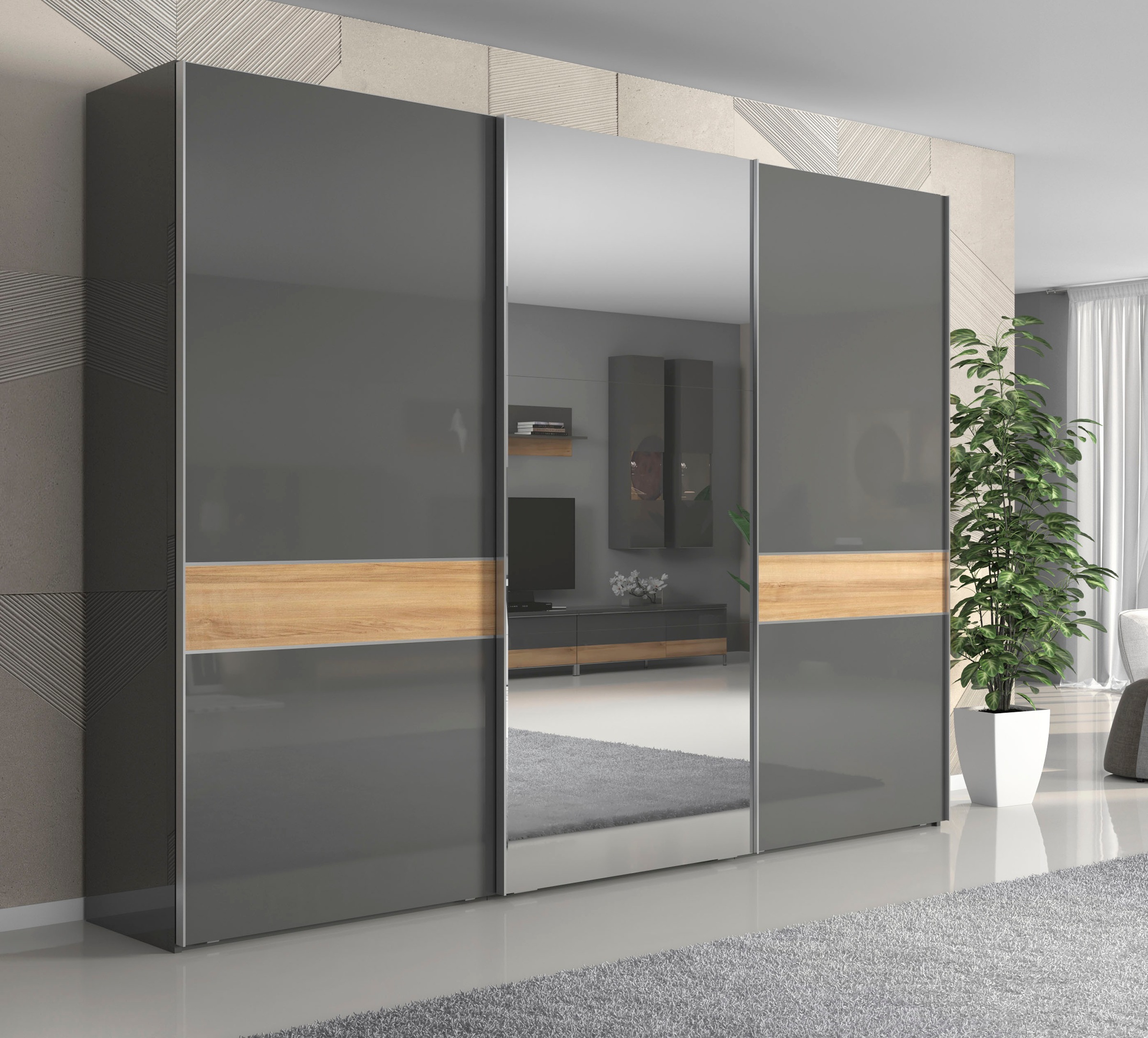 Places of Style Schwebetürenschrank »Onyx, Schwebetürenschrank inklusive Innenleben, FSC-zertifiziert«, (in 3 Breiten: 182, 230 oder 272cm, Höhe 224cm, mit Spiegel), UV lackiert, hochglänzend anthrazit, mit Soft-Close Funktion