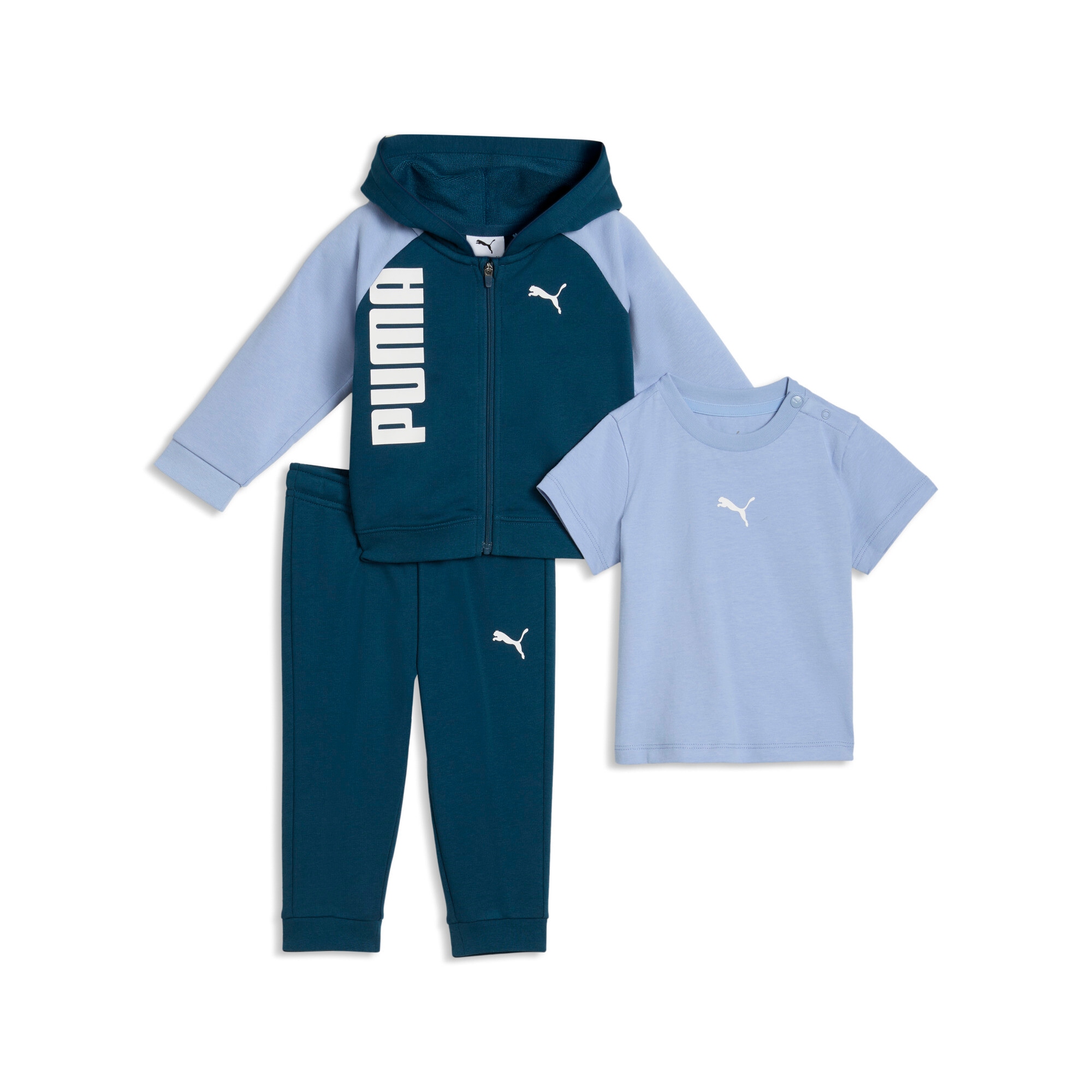 PUMA Trainingsanzug »MINICATS TEE HOODED FZ AND PANTS SET TR INF« 2 für Babys, mit Kapuze, im Colour-Blocking-Design