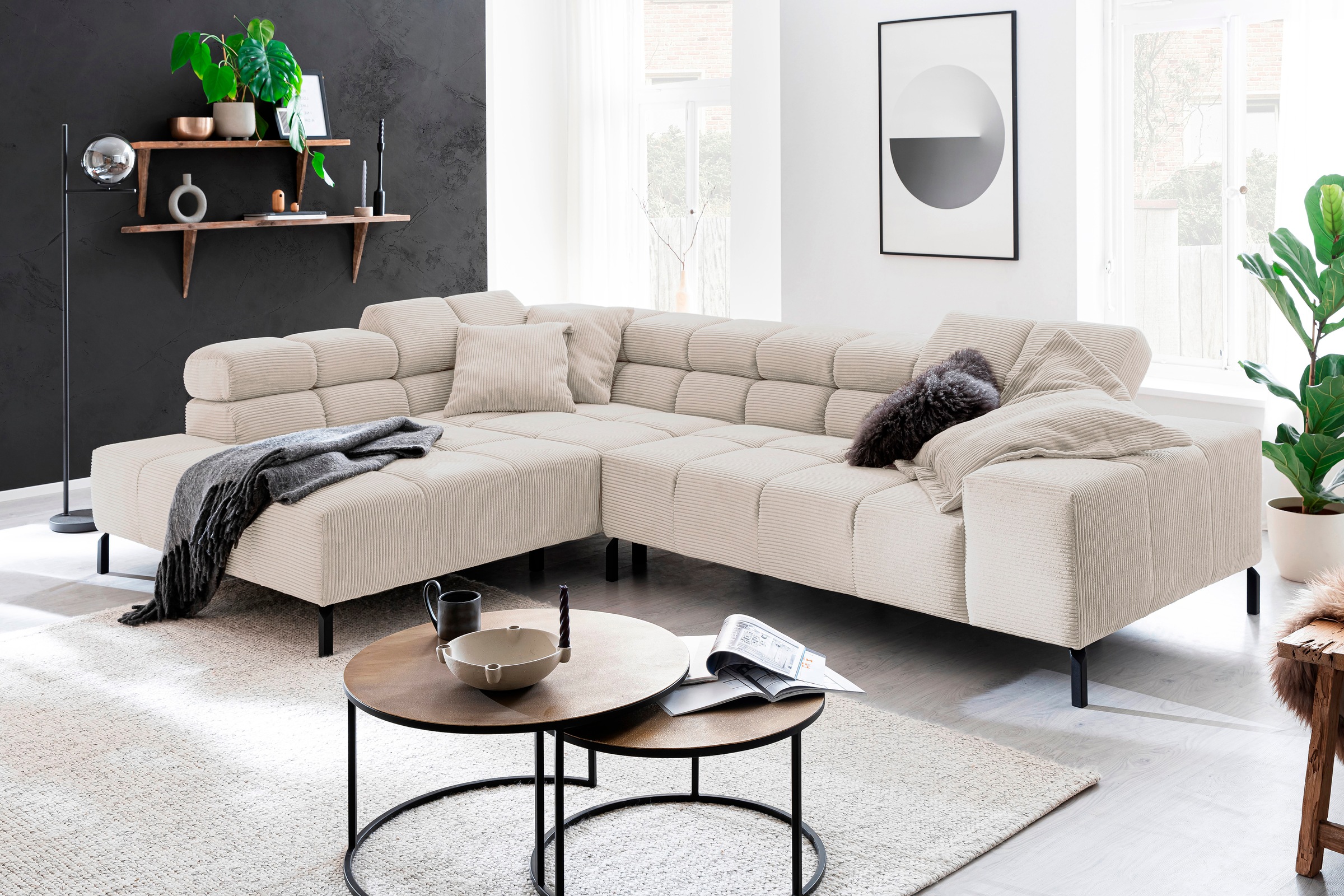 INOSIGN Ecksofa »Ancona New, wahlweise motorische Sitztiefenverstellung, auch in Cord«, feine Steppung, mit Kopfteilverstellung, 3 Zierkissen, L-Form