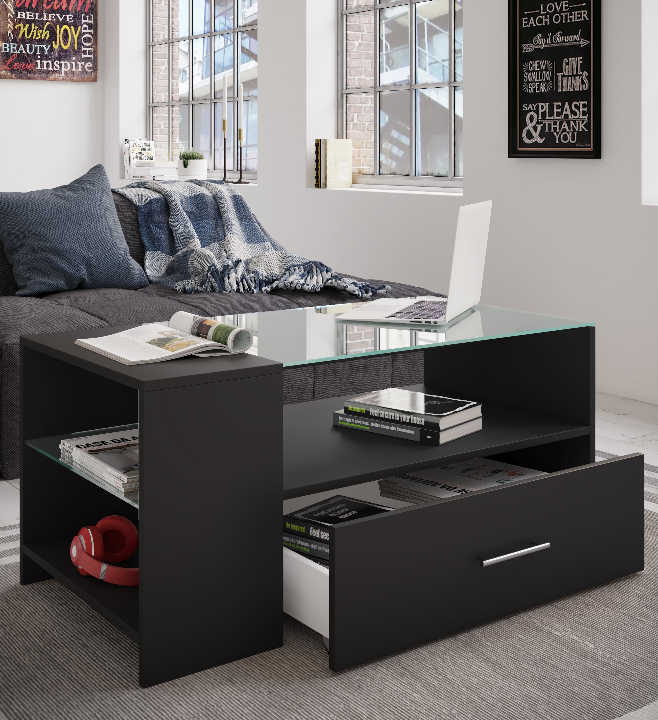 VCM Couchtisch »VCM Holz Couchtisch mit ESG-Sicherheitsglas | Sofatisch mit ausreichend Stauraum | Maße ca. H. 45 x B. 100 x T. 50 cm | Wohnzimmertisch mit Schublade - Tindala«, (Tindala)