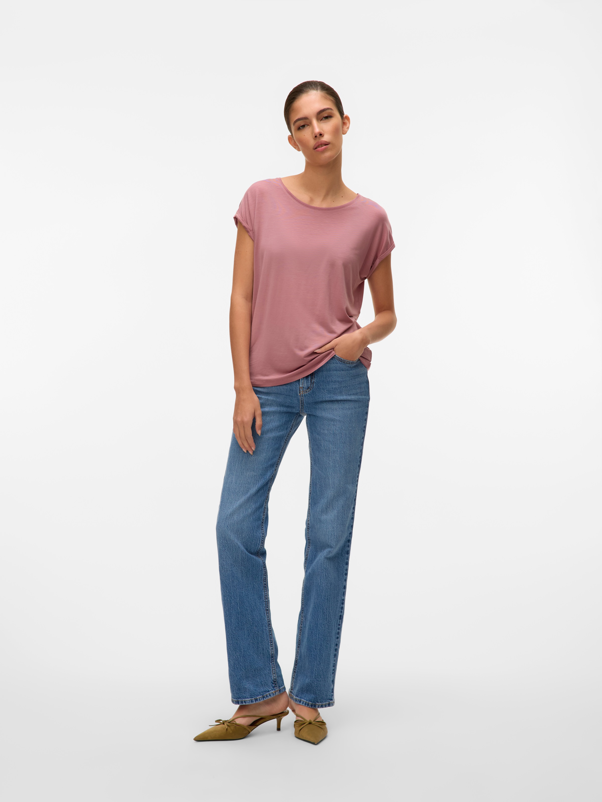 Vero Moda Rundhalsshirt »VMAVA PLAIN SS TOP GAJRS NOOS« Materialmix, regular fit