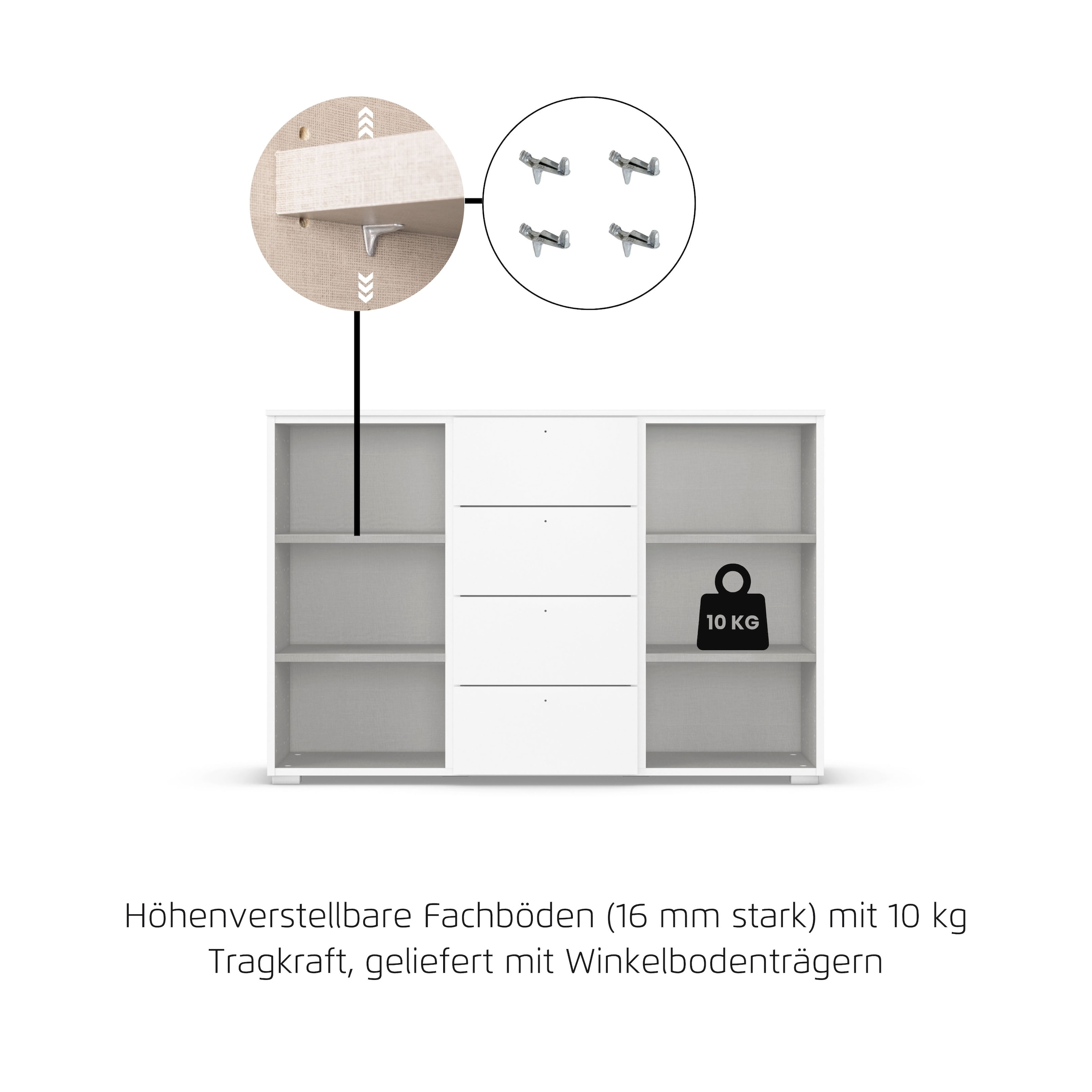 rauch Kombikommode »Sideboard Kombikommode Schubladenkommode AGORDO mit Glasfront«, (in zwei Griff-Farben, Breite 120 cm), vier große Schubladen, mit insgesamt 4 Einlegeböden MADE IN GERMANY