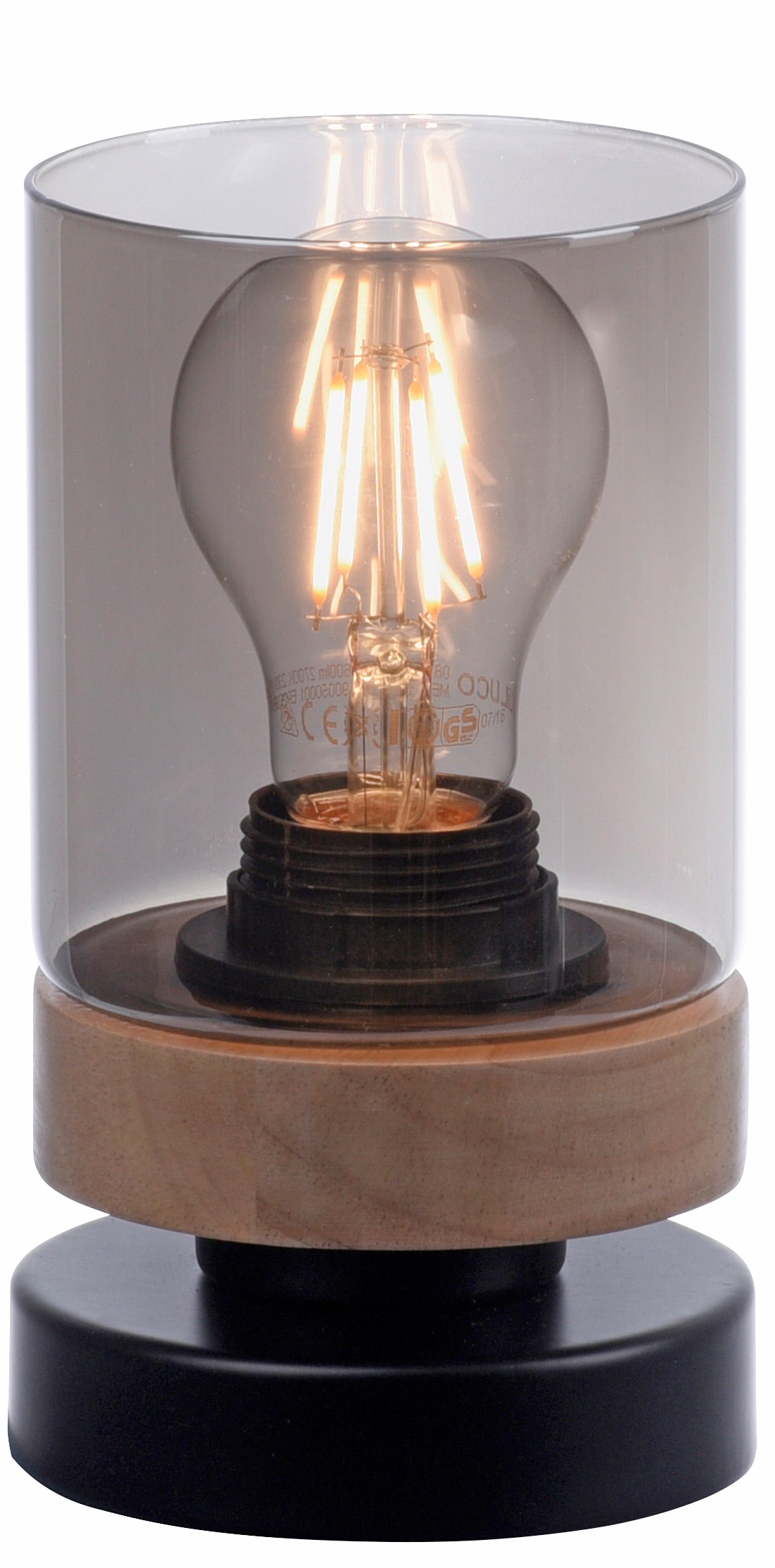 Home affaire Tischleuchte »Tendon«, 1 flammig-flammig, Tischlampe, Glas, Holz, Rauchglas, geeignet für Leuchtmittel - E27
