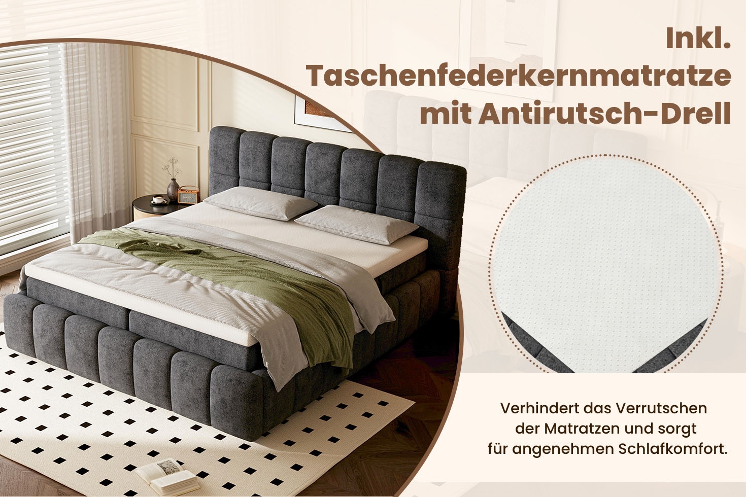 OTTO home Boxbett »AARRON, Polsterbett mit Bettkasten und Taschenfederkernmatratze (H3)« 180x200cm Liegefläche, Komfortschaumtopper (7cm)