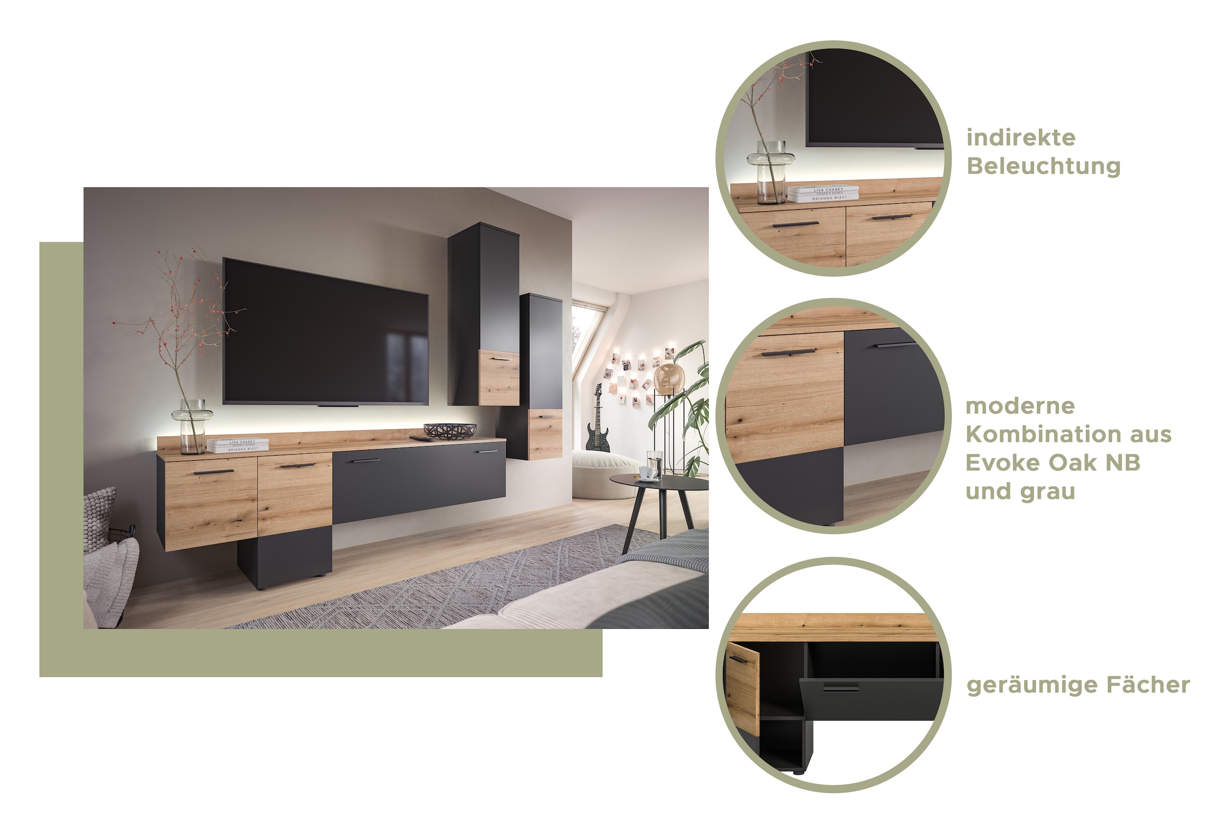 INOSIGN Wohnwand »Laport, Breite 195cm, inkl. 1 Lowboard mit indirekter Beleuchtung &«, (2 St.), 1 Hängeschrank, TV-Wand, TV-Möbel, Mediawand, Wohnkombination