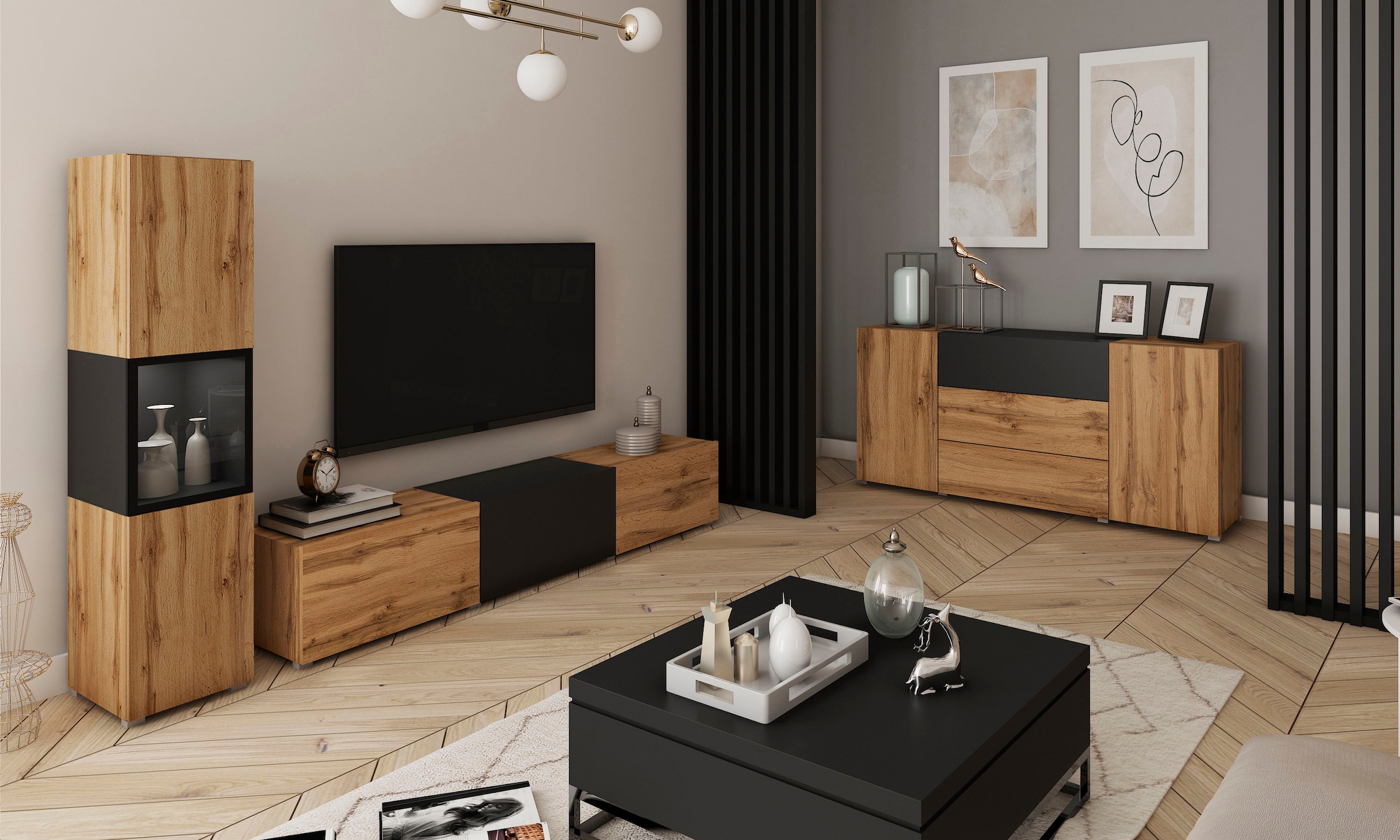 INOSIGN Wohnwand »BERLIN I, Vitrine Türschlag links/rechts wechselbar«, (Komplett-Set, 2 St.), moderne grifflose Mediawand Breite 220 cm, Vitrine mit Verglasung