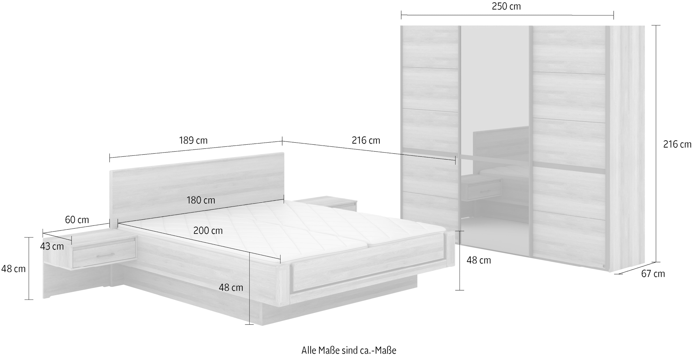 Musterring Schlafzimmer-Set »Sorrent, Kleiderschrank, Bett & Nachtkommoden, teilmassiv Eiche«, (2er-Set Nachtschränke, Schwebetürenschrank 250 cm, Bett 180x200 cm), mit Schwebetürenschrank, Bett schwebende Optik, Breite Schrank 250cm