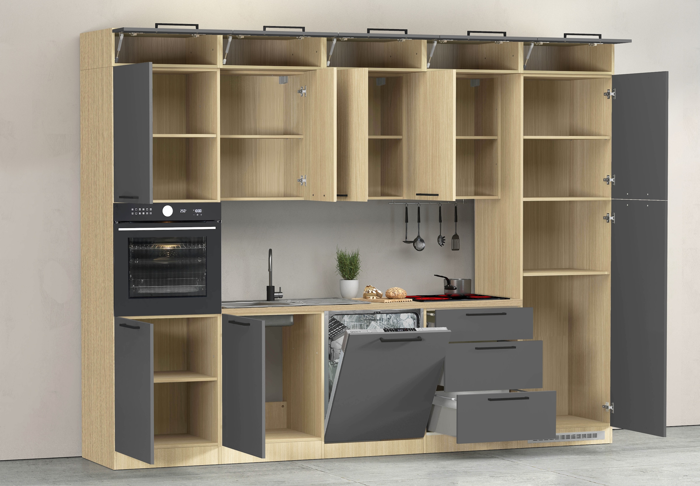 KOCHSTATION Küchenzeile »Luna, Einbauküche, Zeilenküche, mit Soft-Close Funktion, Made in Italy« Breite 300 cm ohne E-Geräte, mit Spüle+Siphon und Aufsatz