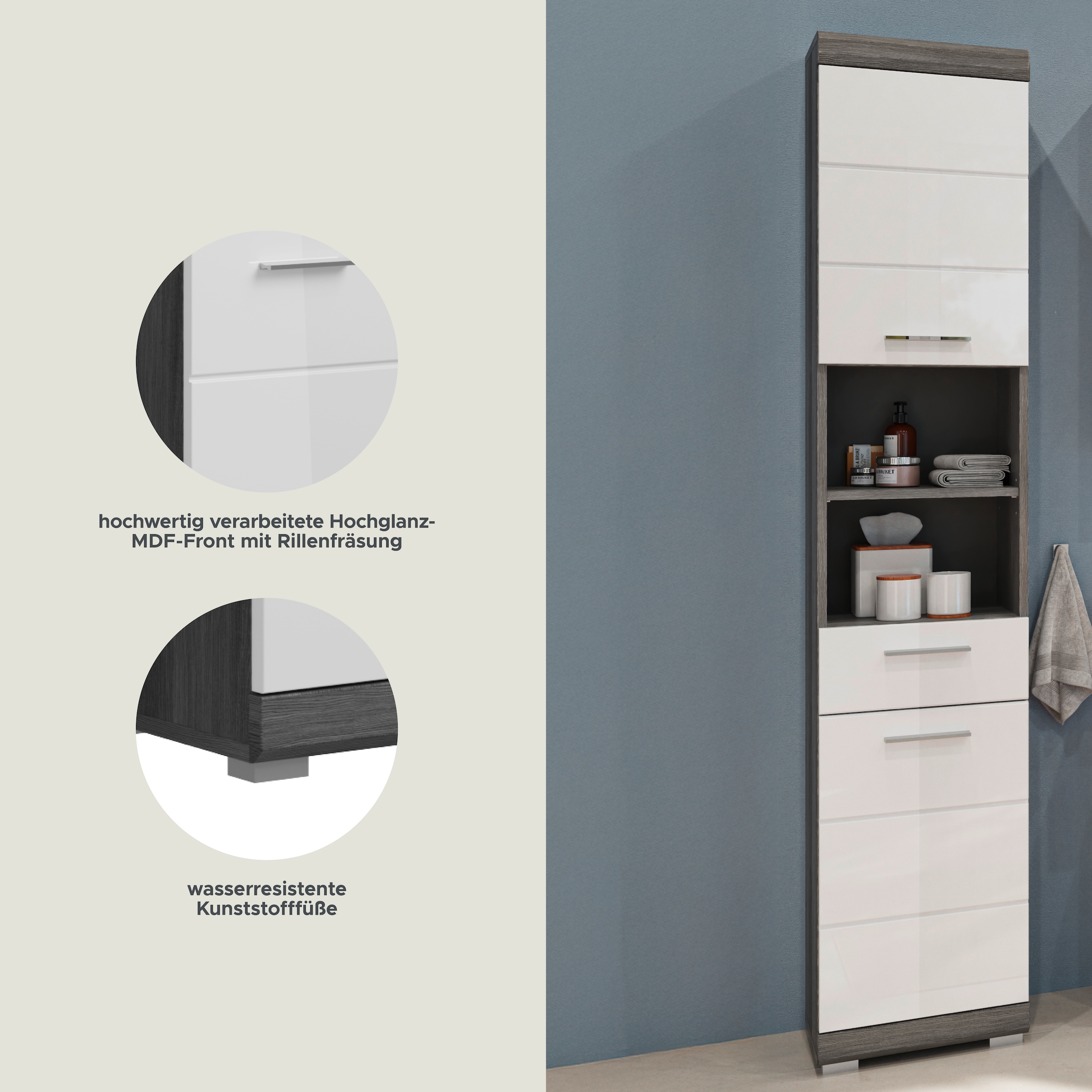 INOSIGN Hochschrank »Siena, Breite 37cm, 2 Tür, 1 Schubkasten, 2 offene Fächer, MDF-Front«, (1 St.), in verschiedenen Farben erhältlich, Badmöbel, Badschrank, Schrank, Bad