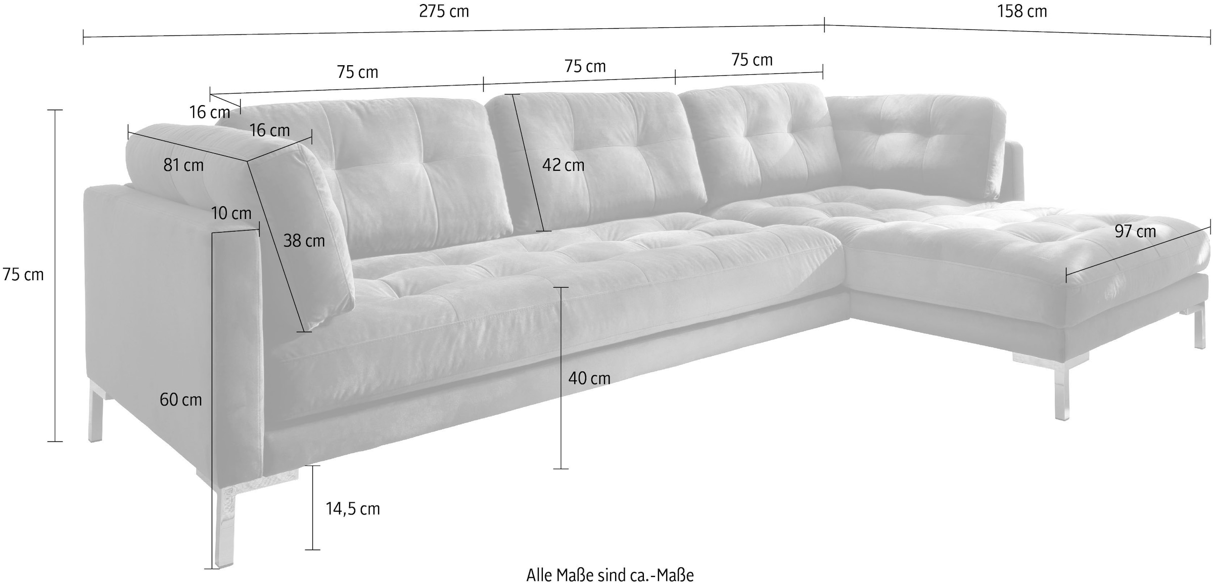 Trends by HG Ecksofa »Landau L-Form«, in Cord-Stoff mit Metallfuß