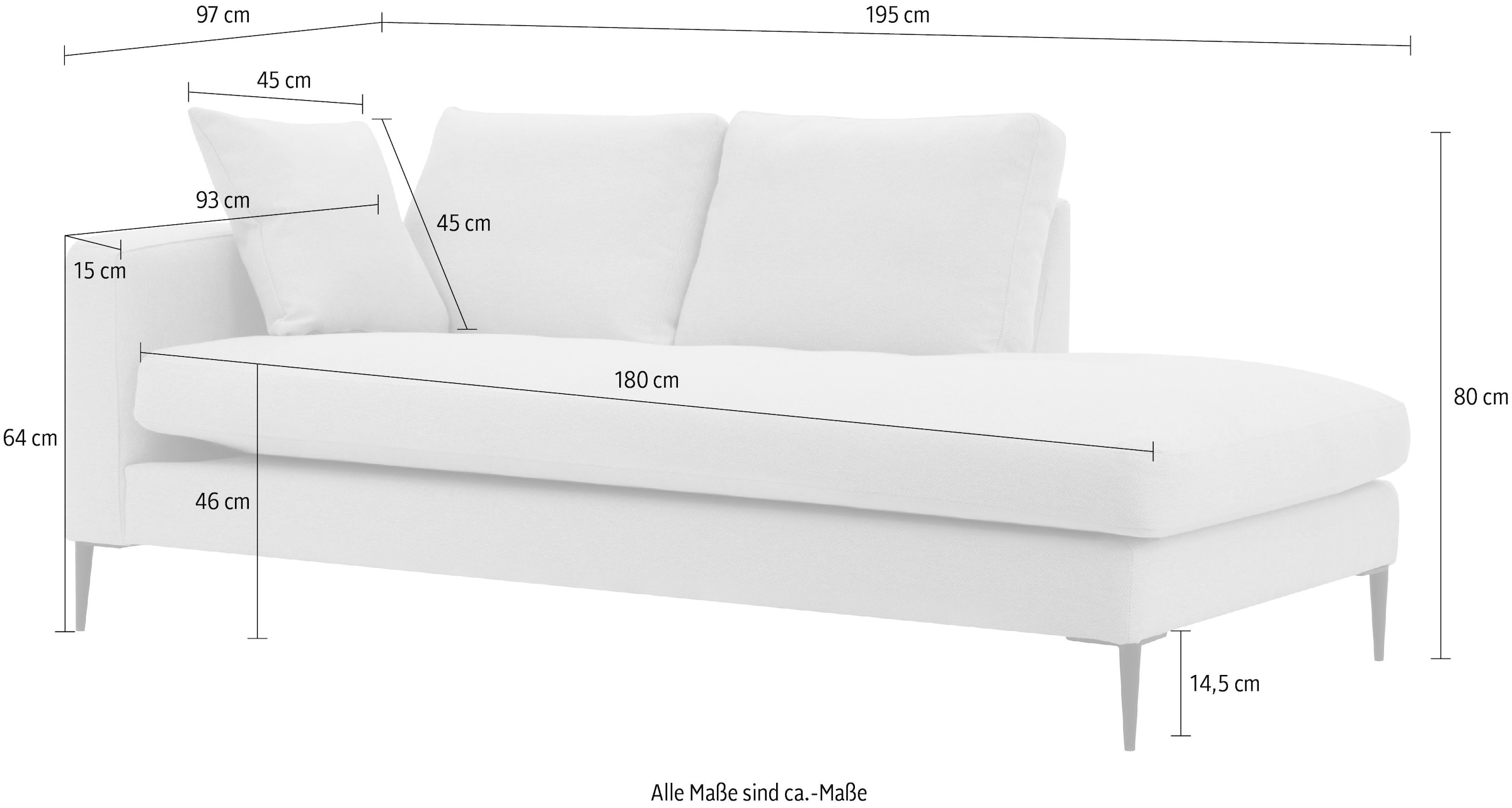 Leonique Recamiere »Cozy Chaiselongue, Maße B/T/H: 195/97/80 cm«, mit losen Kissen und Metallbeinen, Armlehne links oder rechts wählbar
