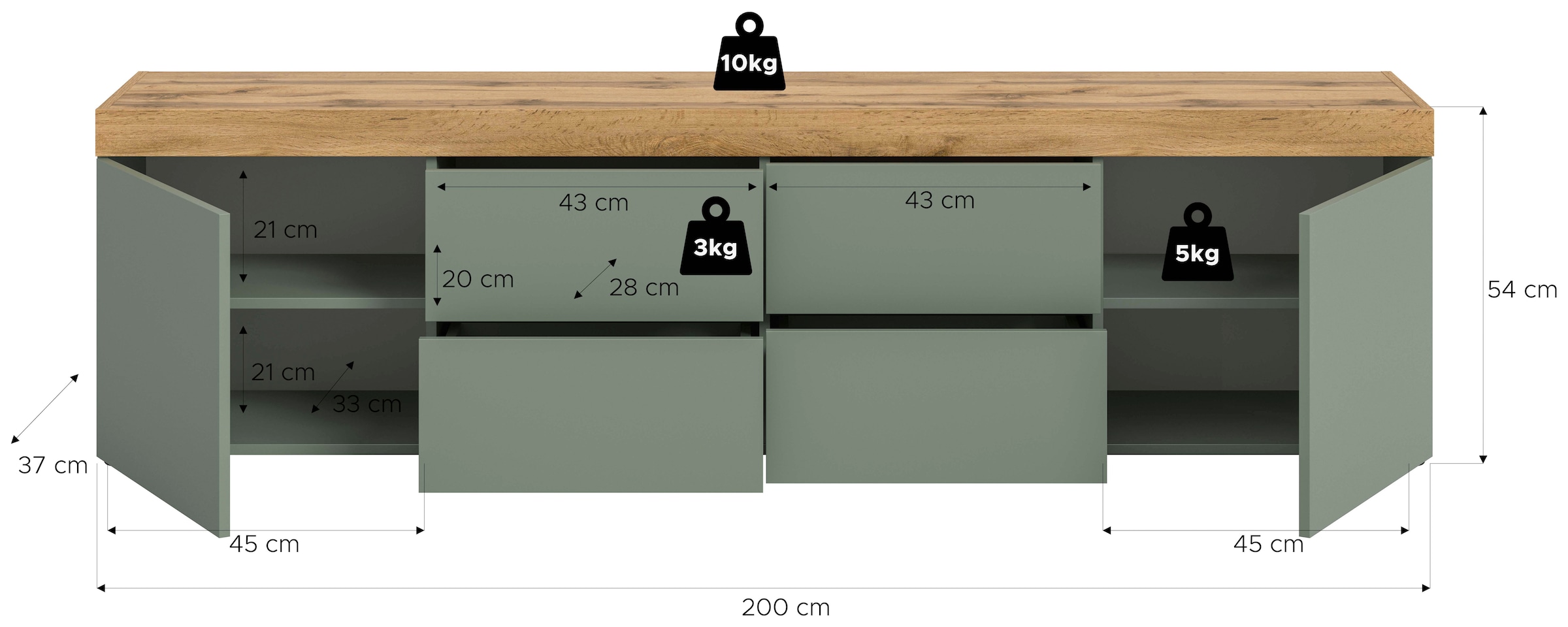 OTTO home Lowboard »MAMBO, Breite 200cm, 2 Türen, 4 Schubkästen, push-2-open« 2 farbige Ausführung, in verschiedenen Farben erhältlich, 1 Stk. tlg. Lowboard, TV Unterschrank, Tv-Schrank, Wohnzimmer