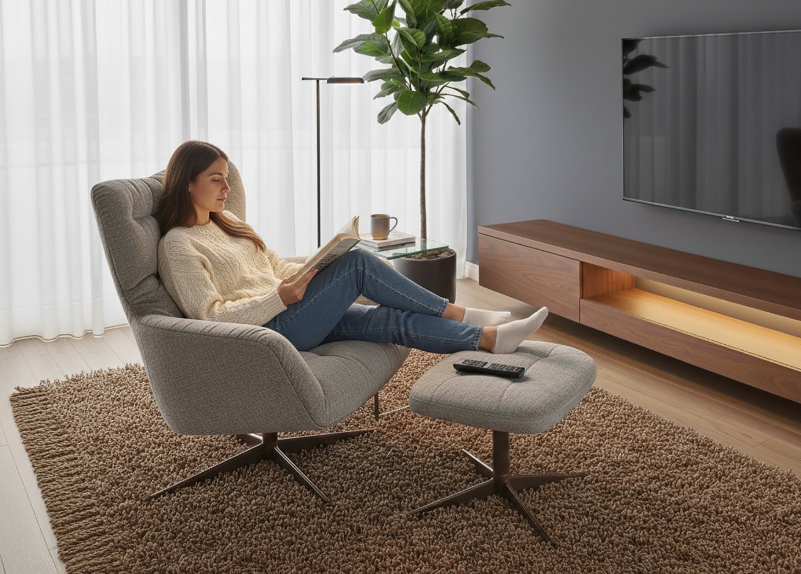 Jahnke Sessel »LOUNGE COSY TWIST PLUS« Loungesessel inkl. Hocker, bequeme Polsterung & Armlehnen, drehbar