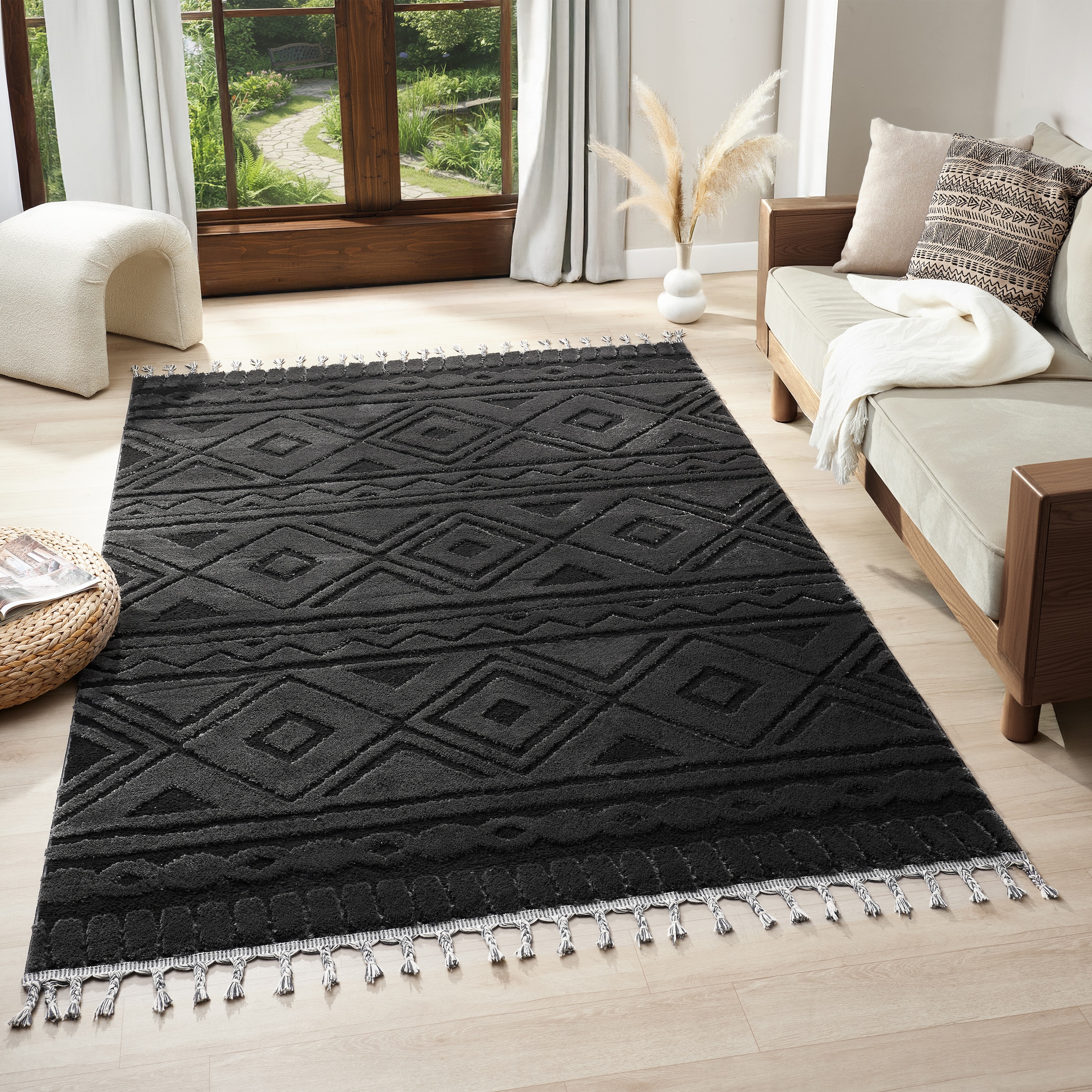 OTTO home Teppich »Bonvo« rechteckig 19 mm Höhe mit Fransen, Hoch-Tief-Struktur, Wohnzimmer, Schlafzimmer, Boho-Style