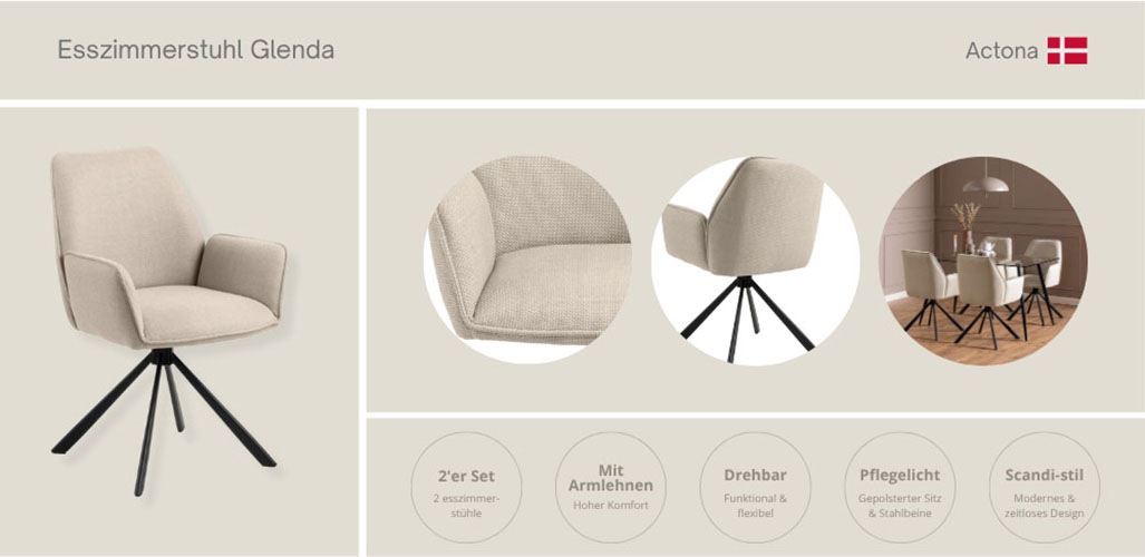 ACTONA GROUP Esszimmerstuhl »Glenda, gepolsterter komfortabel Stuhl mit Armlehnen, drehbar, 2er-Set«, Luxus-Microfaser, gepolstert, mit Armlehne, schwarze Stahlbeine, drehbar, 2er-Set