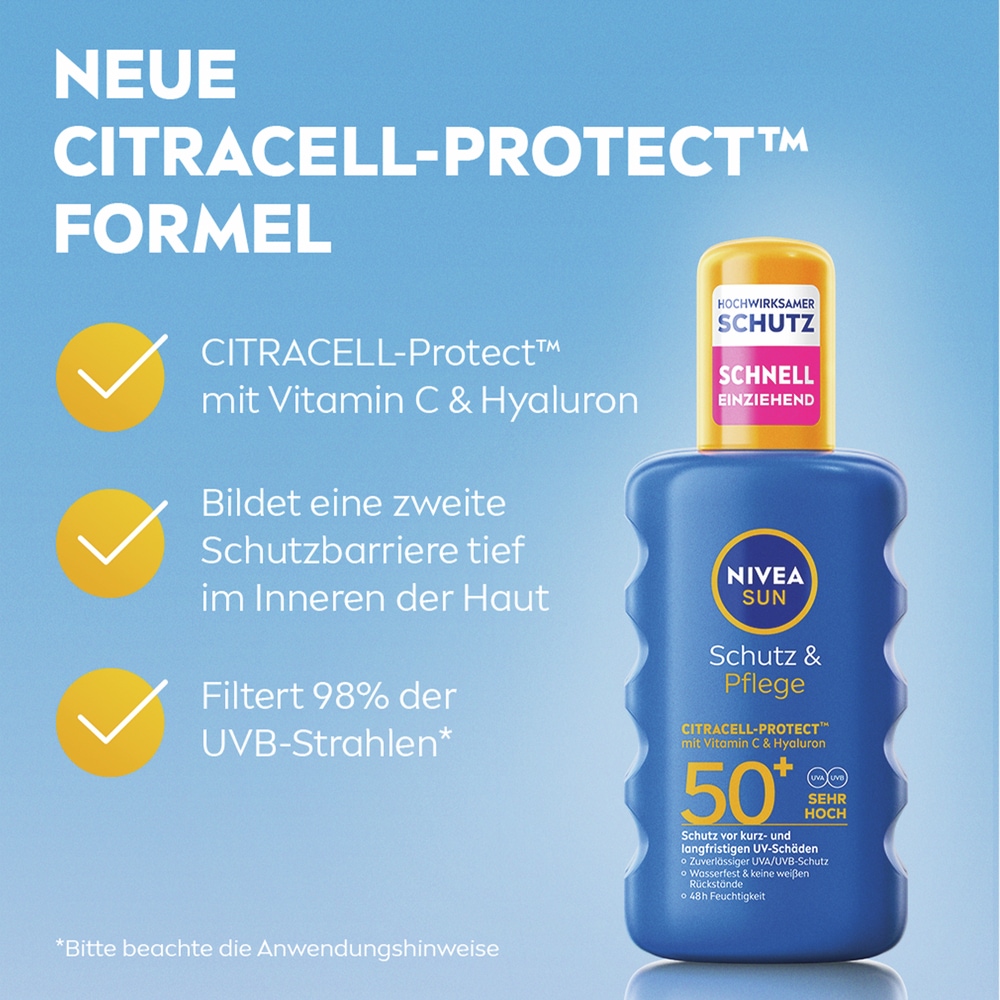 Nivea Sun Sonnenschutzspray »Schutz & Pflege Spray LSF50+ 200ml mit To Go Größe Gratis« wirkt über herkömmliche UV-Filter hinaus