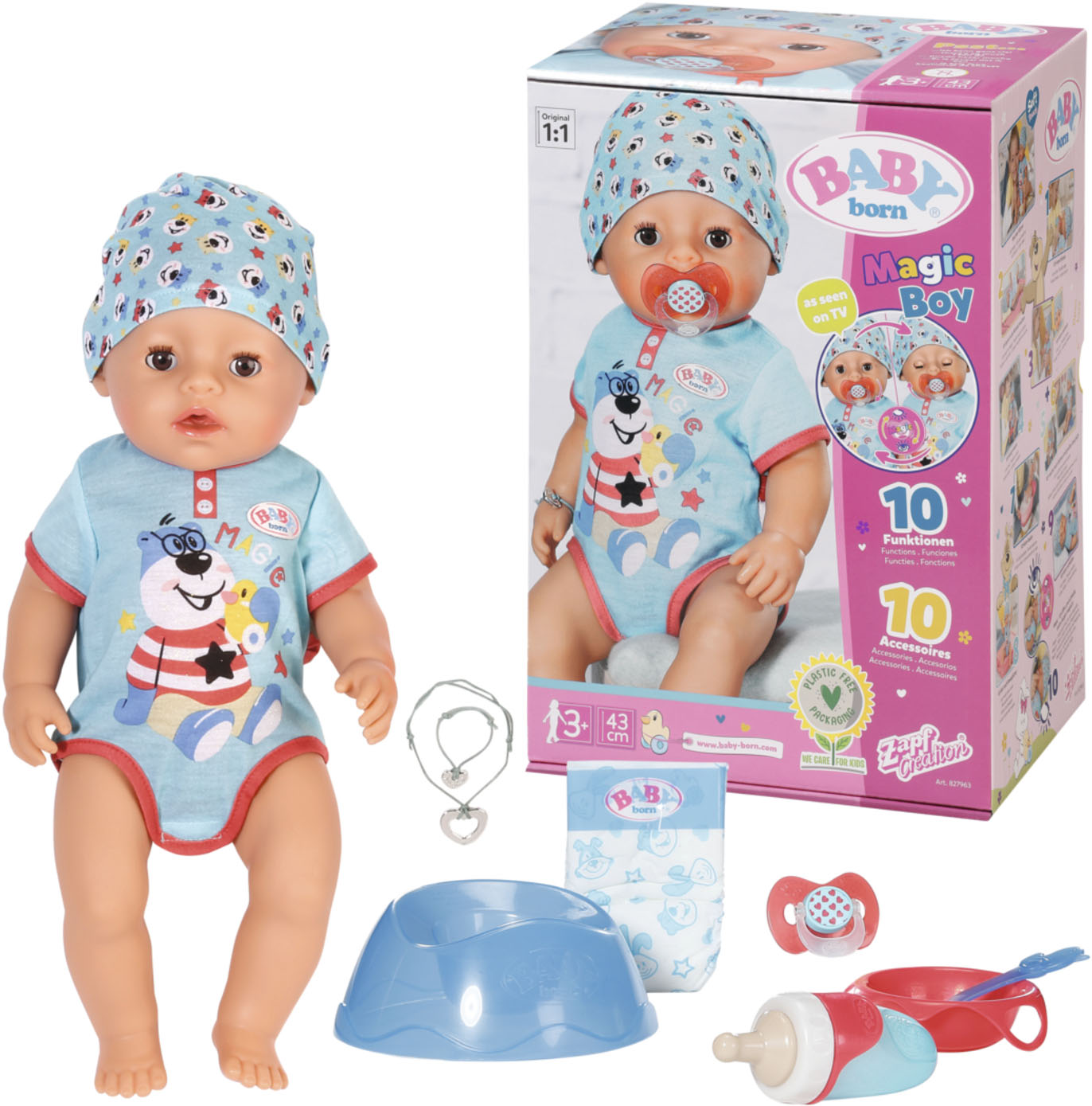 Babypuppe »Magic Boy, 43 cm«, (Set, 13 tlg.), mit 10 lebensechten Funktionen