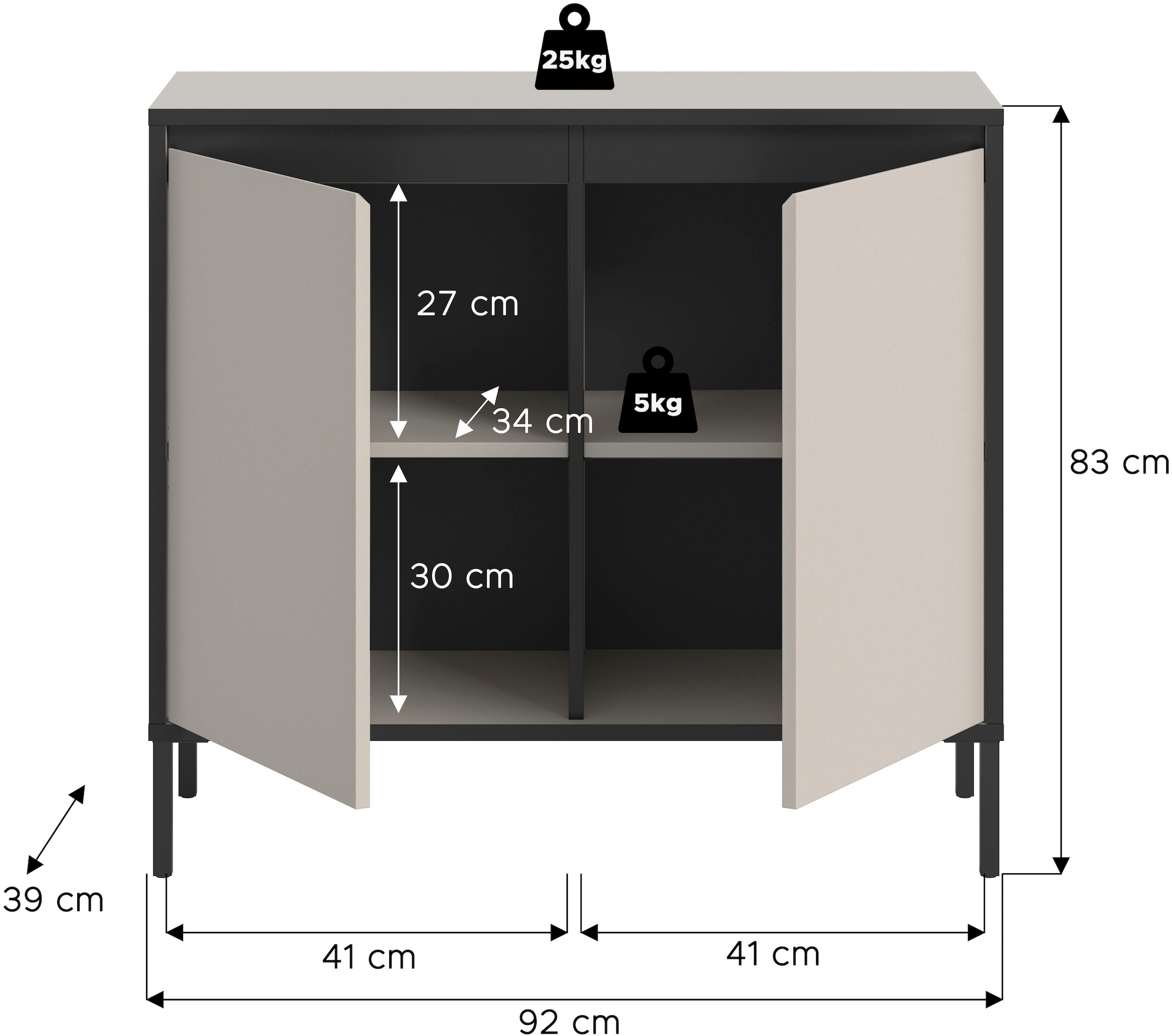 INOSIGN Kommode »NORT, Höhe: 92 cm, mit Metall Stabfuß, 2 Türen, 2 Einlegeböden« Anrichte, Sideboard, Schrank, Board, Highboard