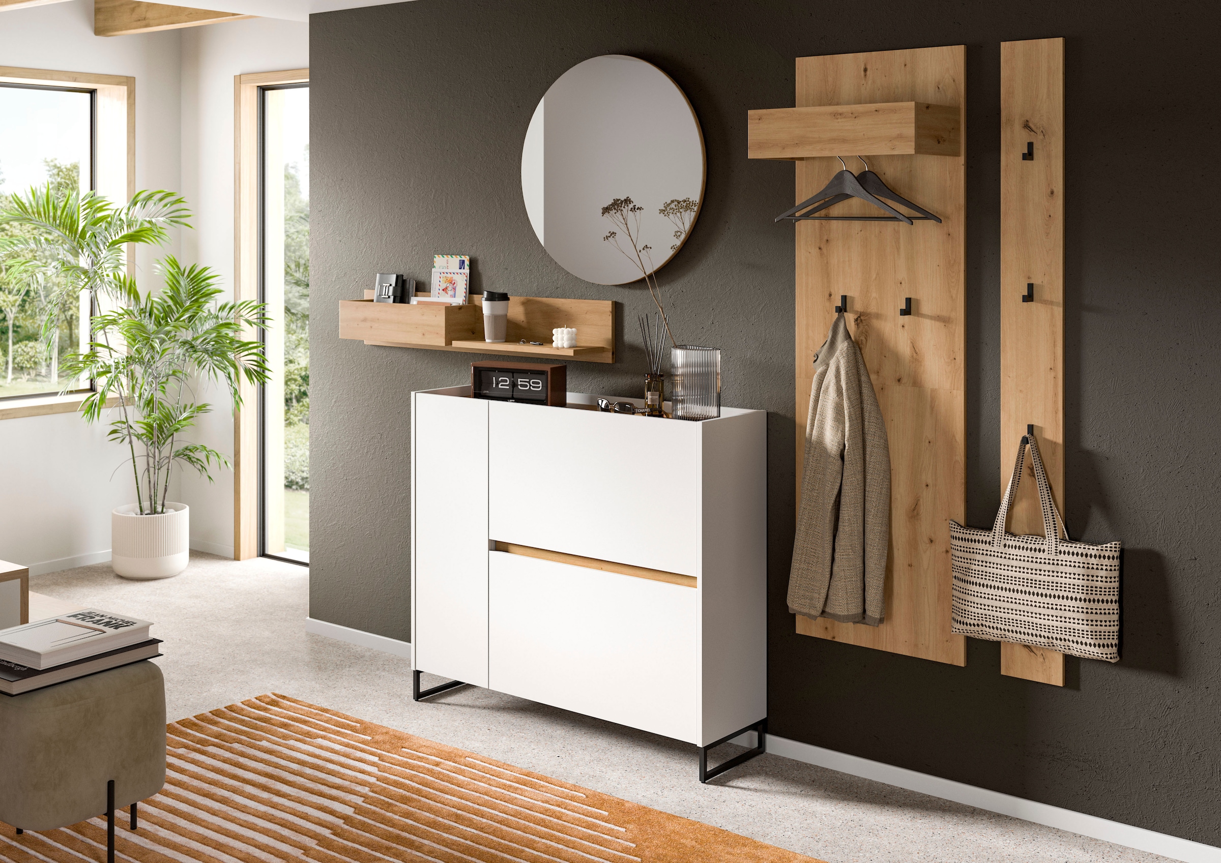 INOSIGN Garderoben-Set »EVRID, 5-teilig, Breite 236 cm, individuell stellbar & erweiterbar« best. aus.: Wandboard, Kommode, Spiegel, Garderobenpaneel, Hakenleiste, 5 Stk. tlg.