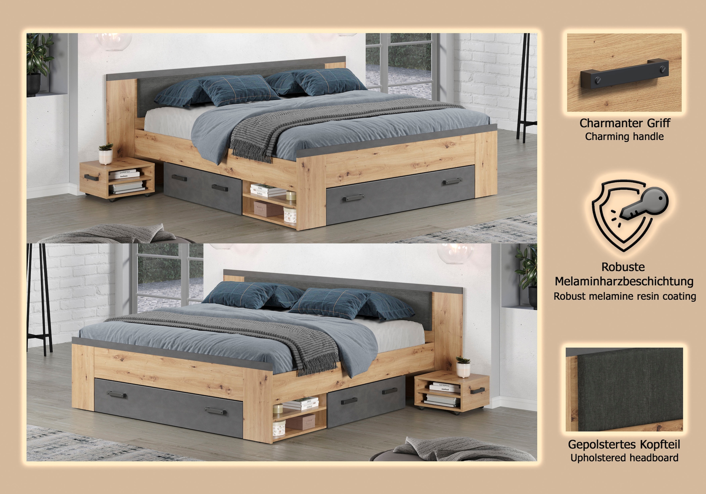 Home affaire Stauraumbett »Ambres« 1 Stk. tlg. ausziehbare Bettkästen, Fächer mit Stauraum, braun, Eiche