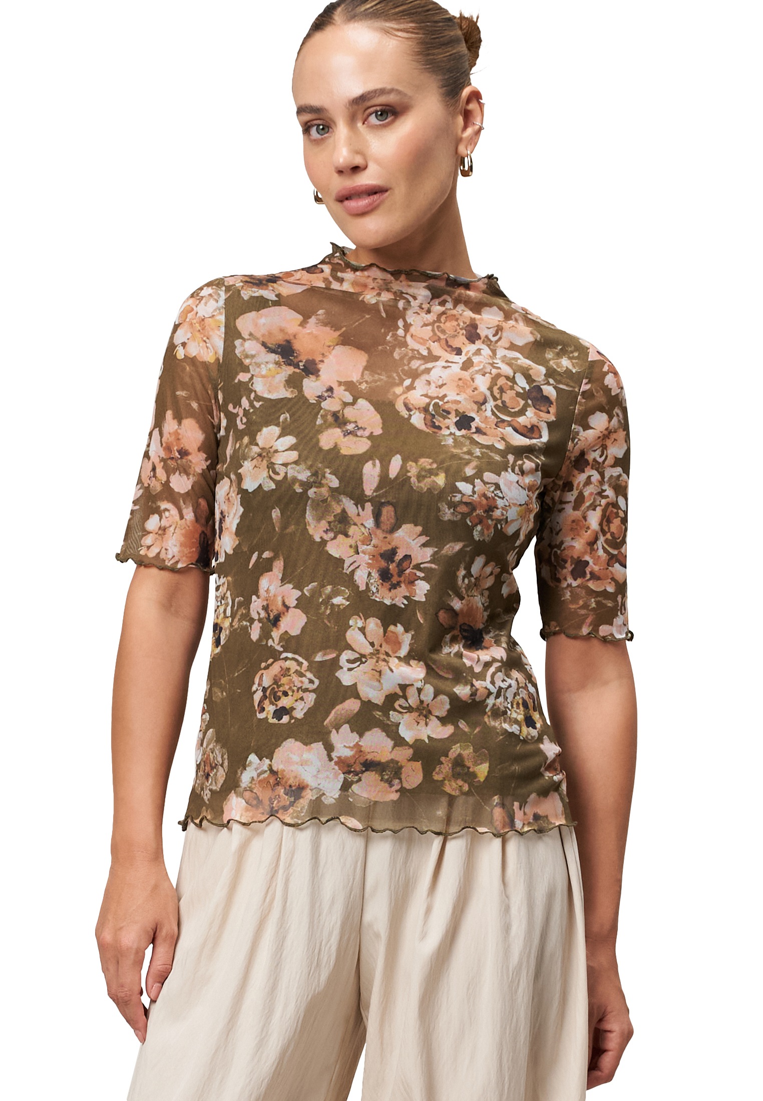 Zero T-Shirt »Mesh-Blumen-Shirt mit hohem Kragen«