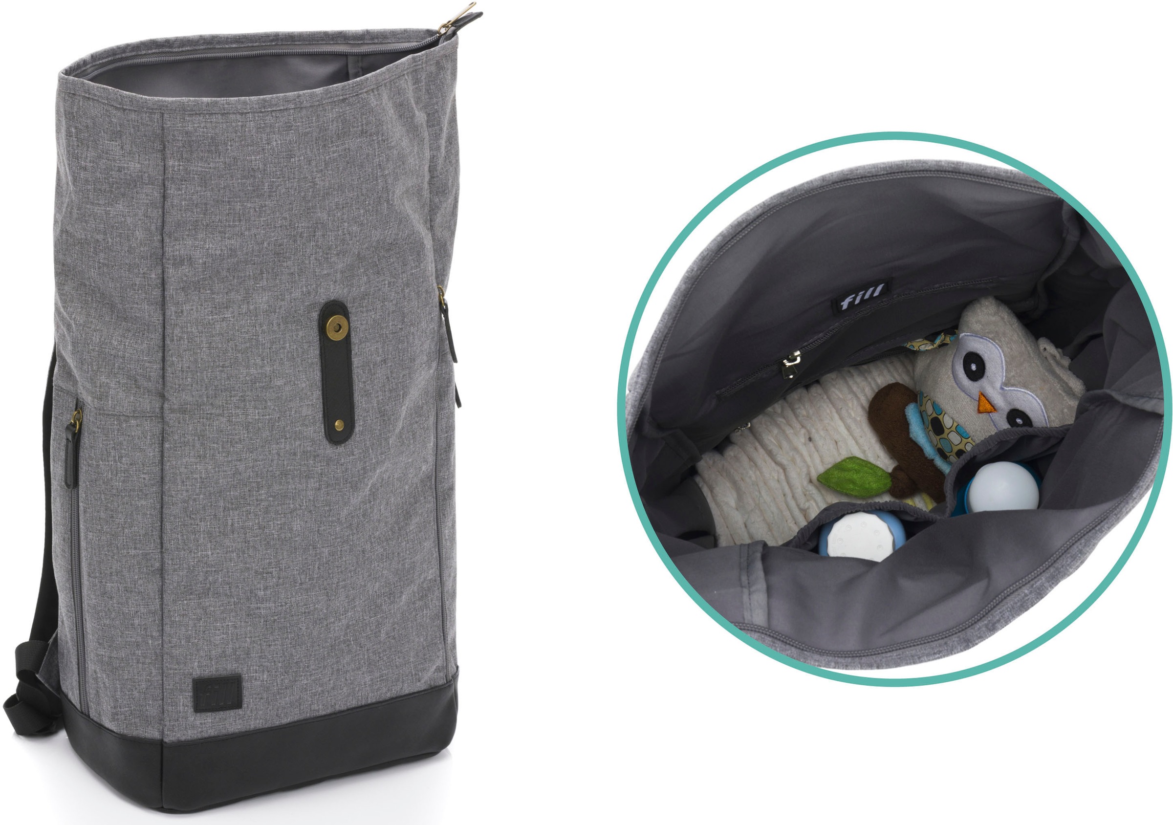 Fillikid Wickelrucksack »Rolltop Berlin, grau/schwarz«, Reflektoren, inkl. Wickeltunterlage