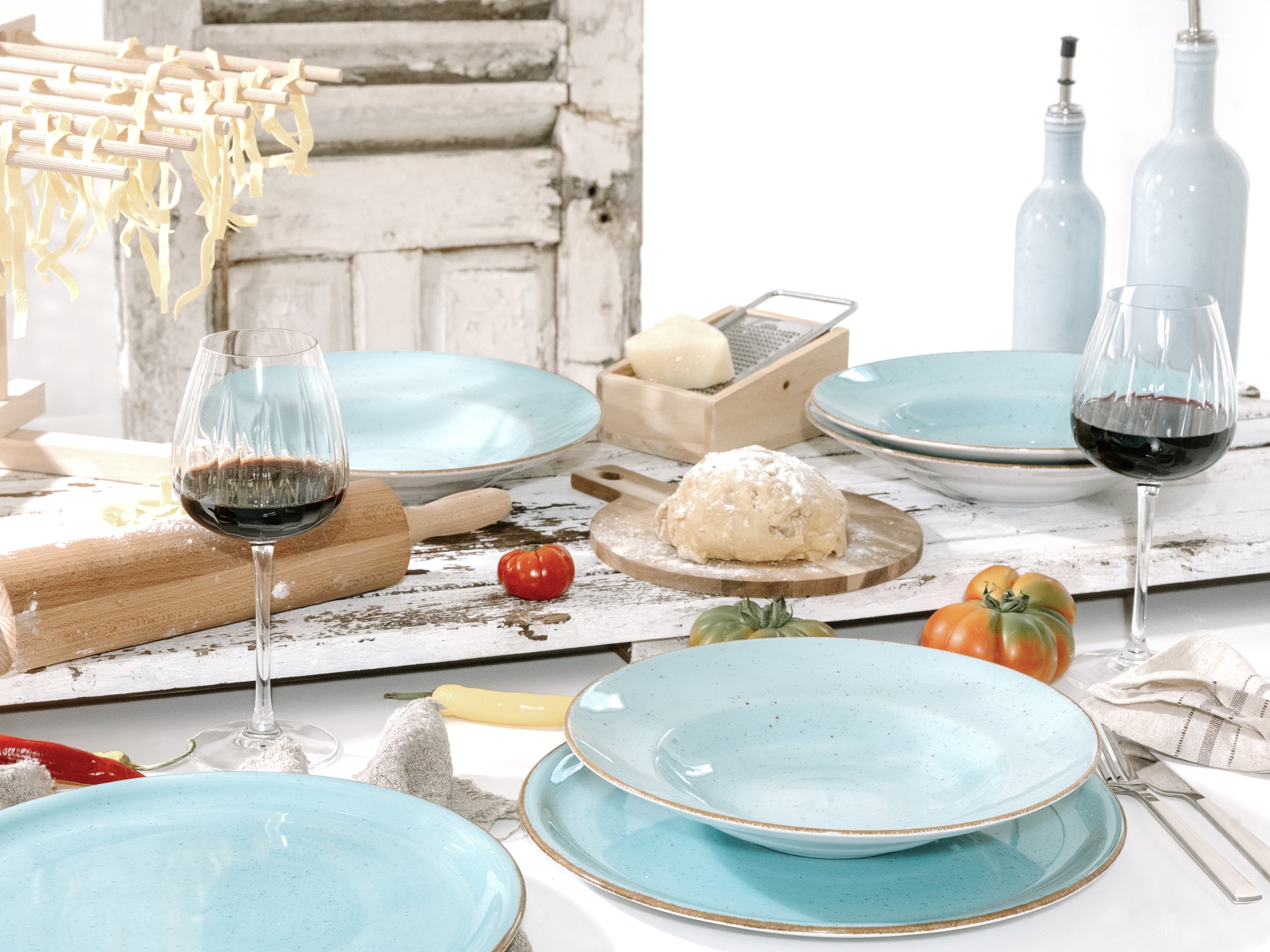 CreaTable Pizzateller »Vintage Nature, Pizzateller 33 cm 4-tlg« Teller Set, Handgemalt, Gesprenkelt, Rustikales Außenband