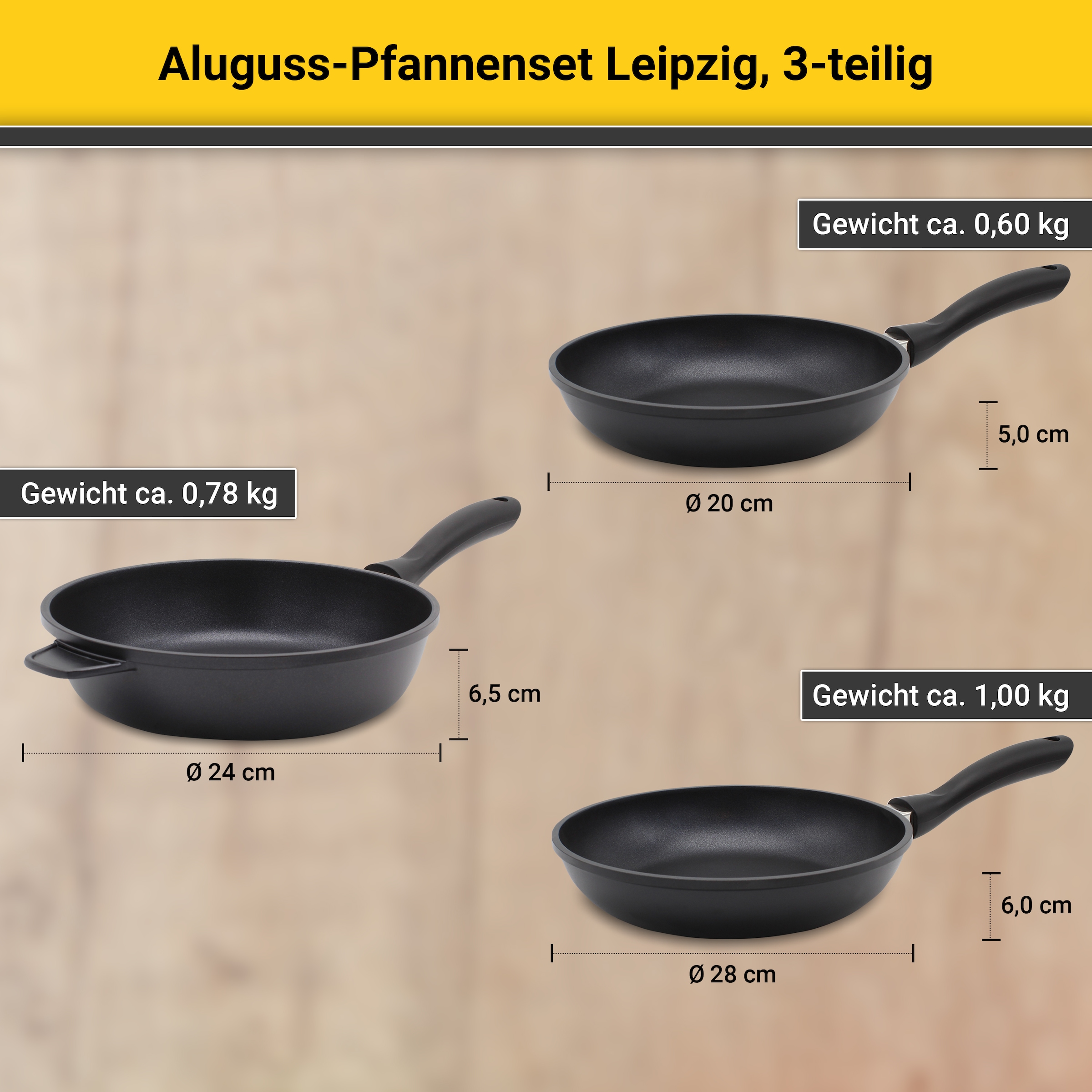 Krüger Pfannen-Set »Aluguss Pfannenset LEIPZIG, 3 tlg.«, Aluminiumguss, (Set, 3 tlg., 1x Bratpfanne Ø 20 cm, 1x Bratpfanne Ø 28 cm, 1x Schmorpfanne Ø 24 cm), hochwertige Antihaft-Versiegelung