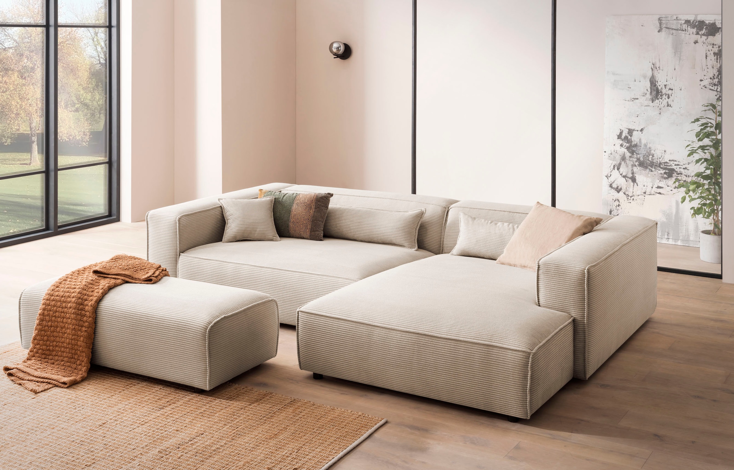 LeGer Home by Lena Gercke Polsterecke »PIARA XXL, L-Form mit Schlaffunktion, Big-Sofa in Cord o. Leinenoptik«, Hocker stellbar zum Schlafsofa (Krokodilverbinder), tiefe Sitzfläche