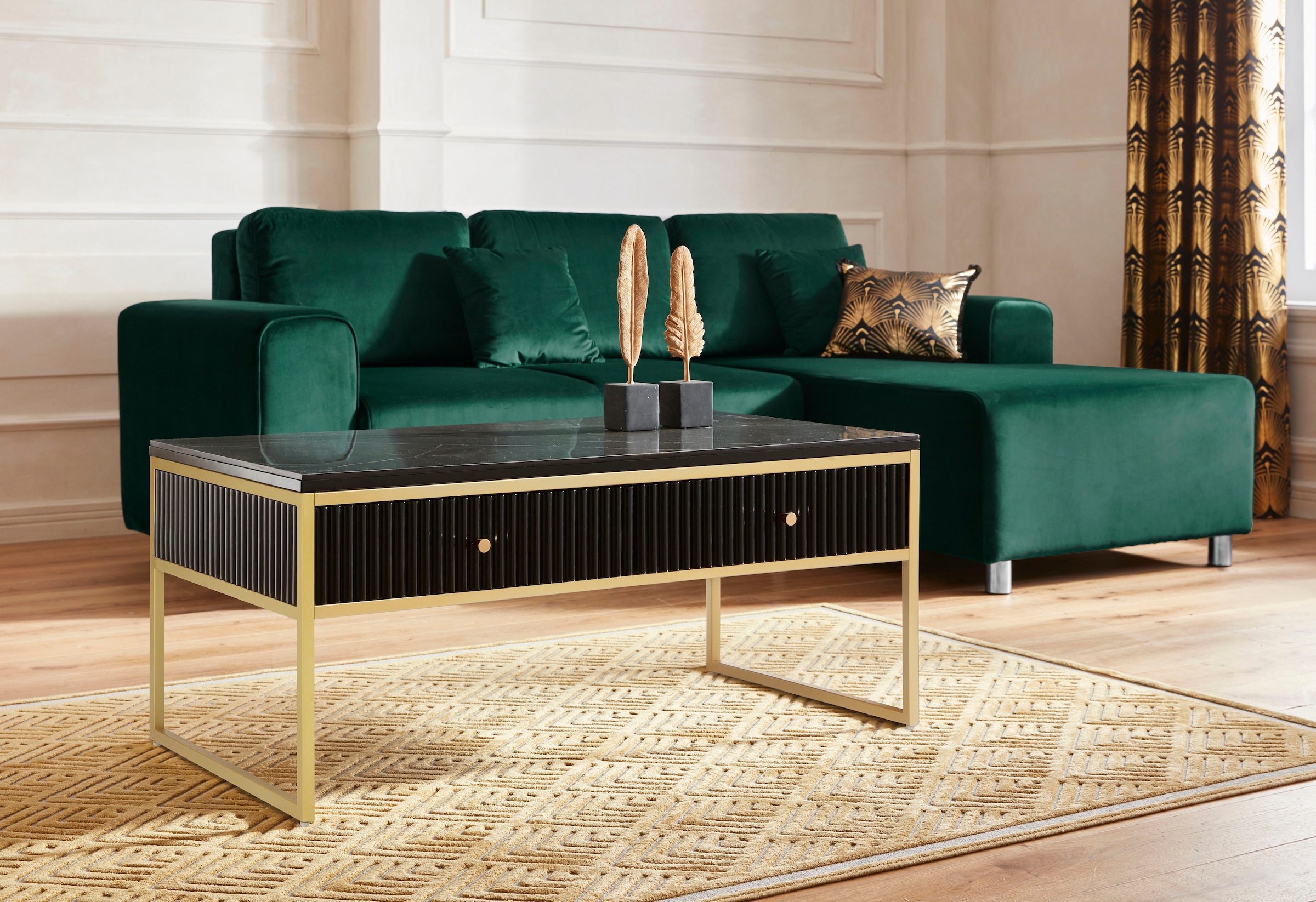 Leonique Couchtisch »Fleuriss« Keramikplatte, goldenen Beinen, FSC-zertifiziertem Holz, Breite 110 cm