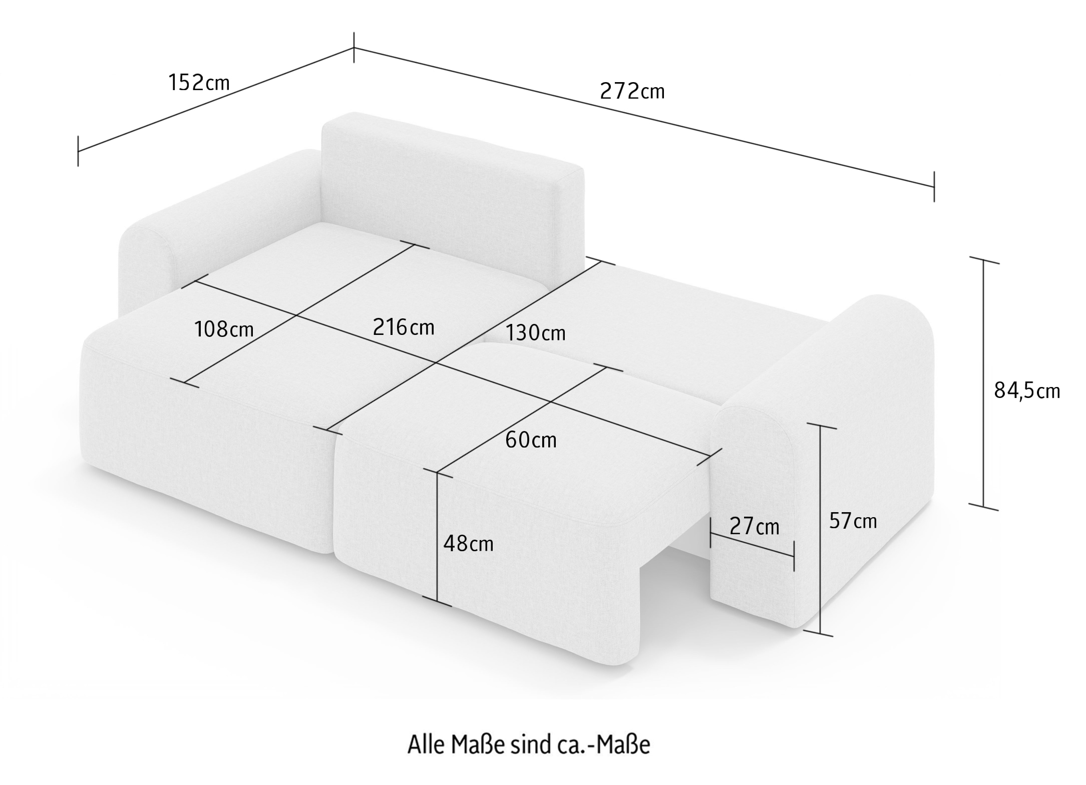 OTTO home Ecksofa »LEOO universell Schlafsofa mit Bettkasten, Maße B/T/H: 272/152/84,5 cm«, L-Form mit Recamiere rechts oder links montierbar, hoher Sitzkomfort