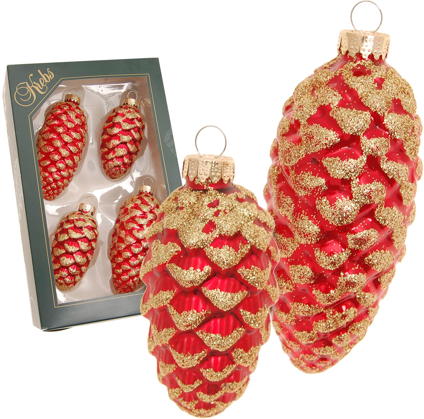 Krebs Glas Lauscha Christbaumschmuck »Glas-Tannenzapfen, Rot mit Glitter, 2x klein Ø 8 cm + 2x groß Ø 10 cm«, (Set, 4 tlg.), Weihnachtsdeko, Weihnachtsbaumkugel, Christbaumkugeln aus Glas