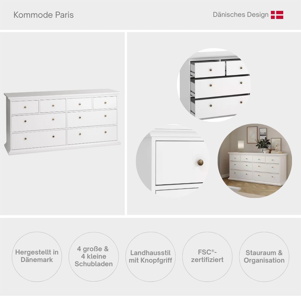 Home affaire Kommode »Paris, Aufbewahrung, Schubladenschrank, Stauraum, mit 8 Schubladen« Landhausstil, Elegant, geräumig, Breite 184 cm, Höhe 87 cm