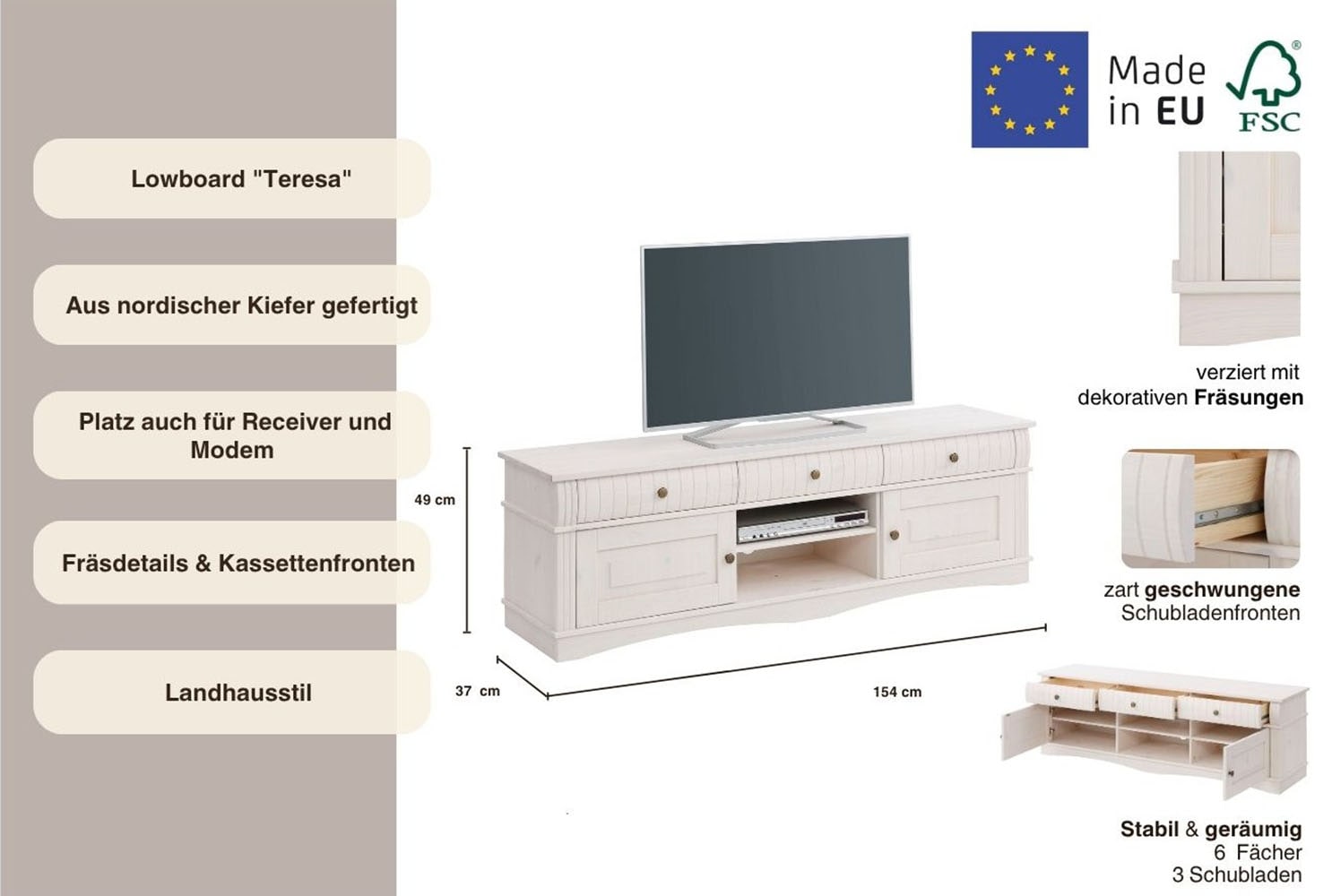 Home affaire Lowboard »Teresa«, (Maße (B/T/H): 154/37/49 cm), Kommode aus massiver Kiefer, Breite 154 cm