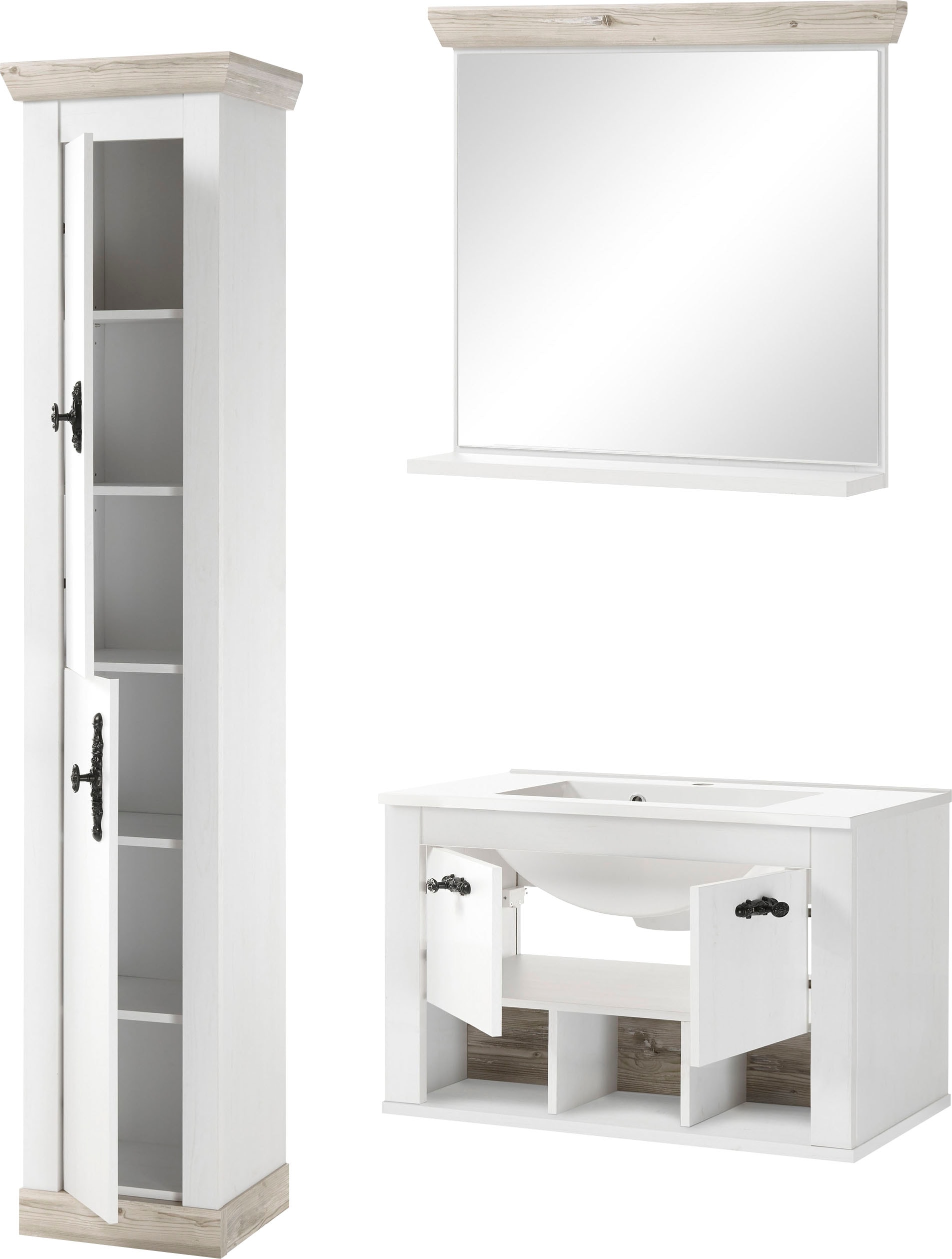 Home affaire Badmöbel-Set »Florenz, Bad im Landhausstil, 3-teiliges Badezimmer«, (3 St.), Hänge-Waschtisch, Schrank und Spiegel, in Pinie Weiß, Stauraum