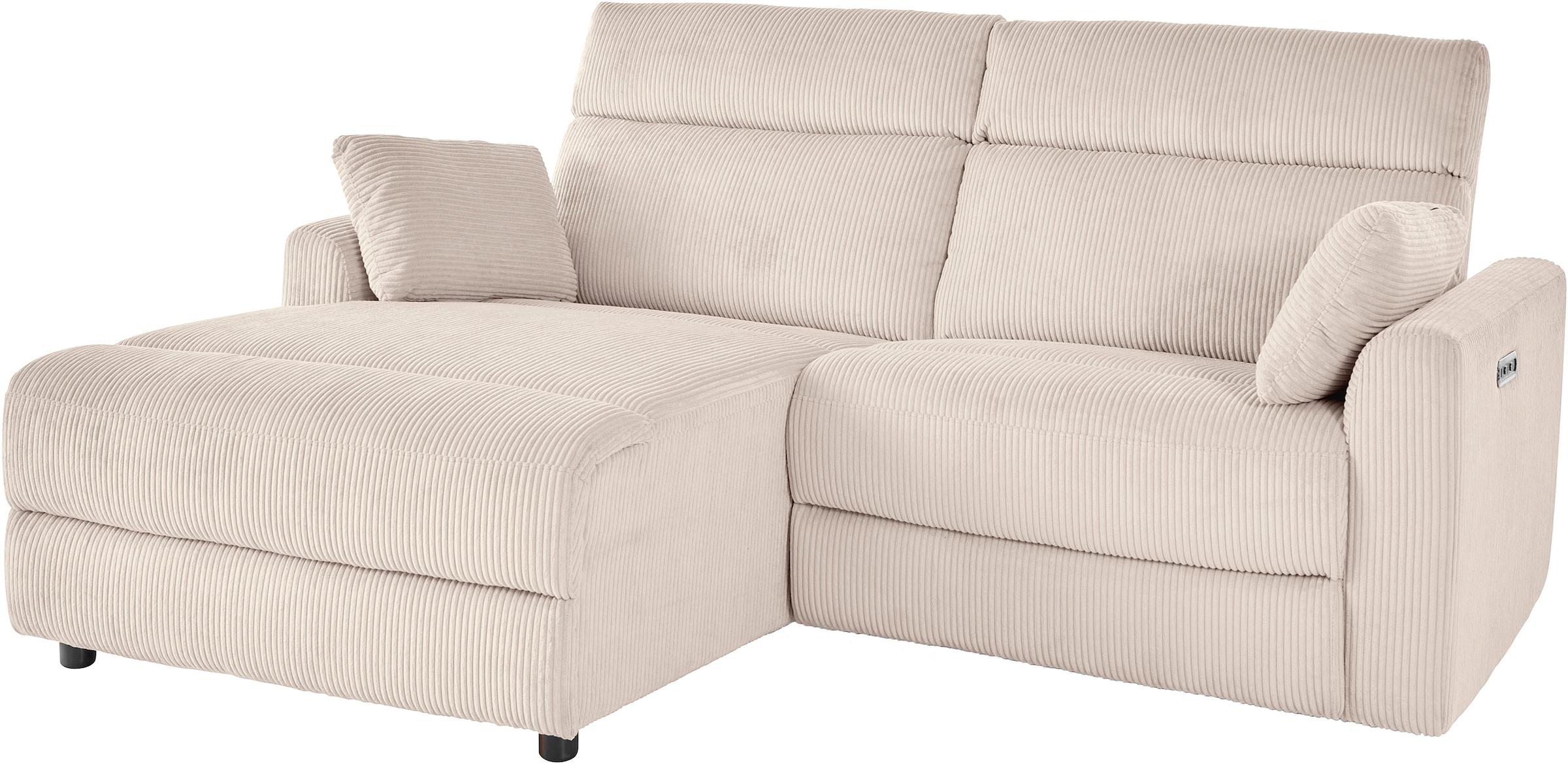 INOSIGN Ecksofa »JENNA, L-Form, 209cm, manuelle u. elektrische Funktion, mit USB A/C,«, Liegefunktion 105°-150°, Federkern, Cord