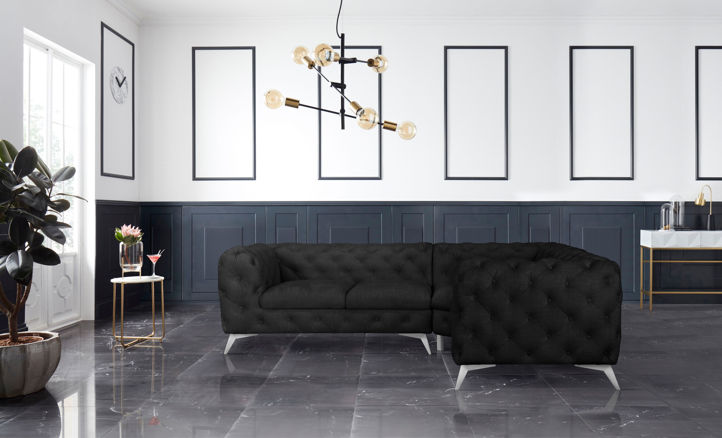 Home affaire Chesterfield-Sofa »Ecksofa GLYNIS L-Form mit Wellenunterfederung, Maße B/T/H 264/204/75cm« aufwändige Knopfheftung, moderne Chesterfield Optik, Fußfarbe wählbar