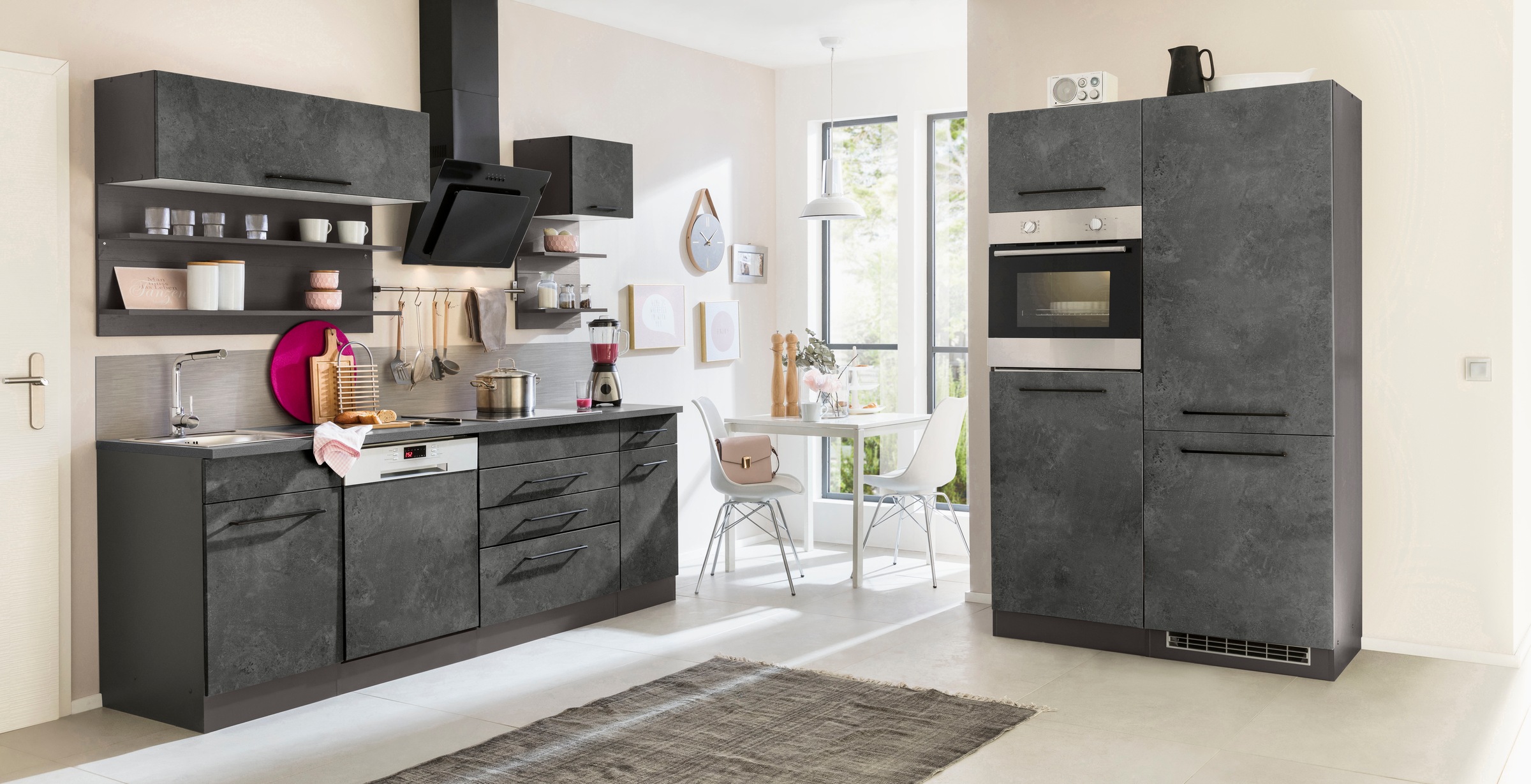 KOCHSTATION Küchenzeile »KS-Tulsa« mit E-Geräten, Breite 350 cm, schwarze Metallgriffe, MDF Fronten