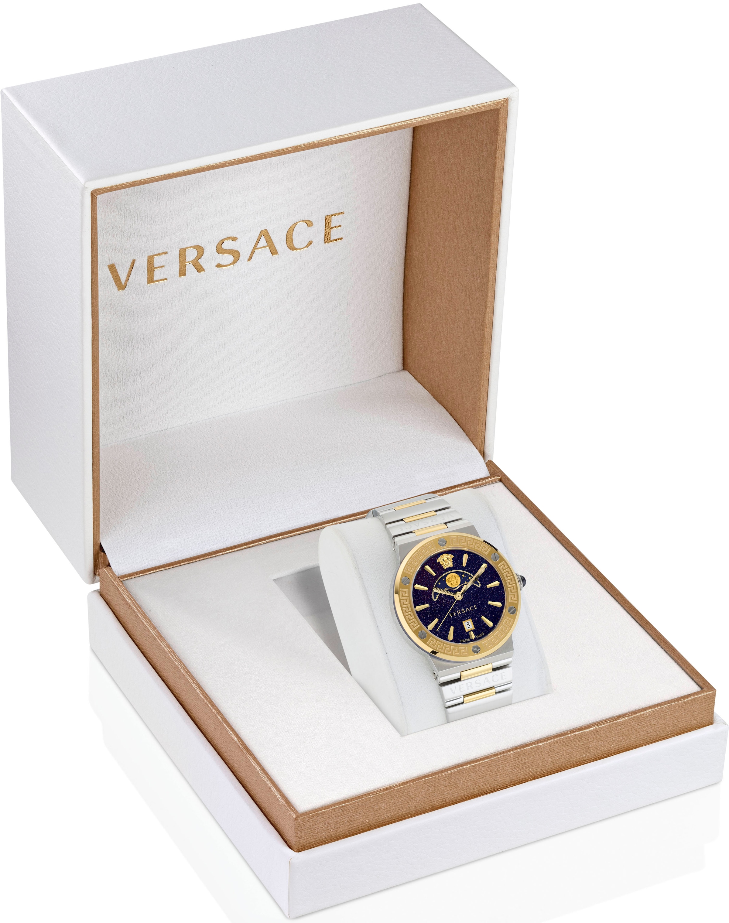 Versace Quarzuhr »GRECA LOGO MOONPHASE, VE7G00223«, Armbanduhr, Damenuhr, Saphirglas, Datum, Swiss Made, bicolor, analog