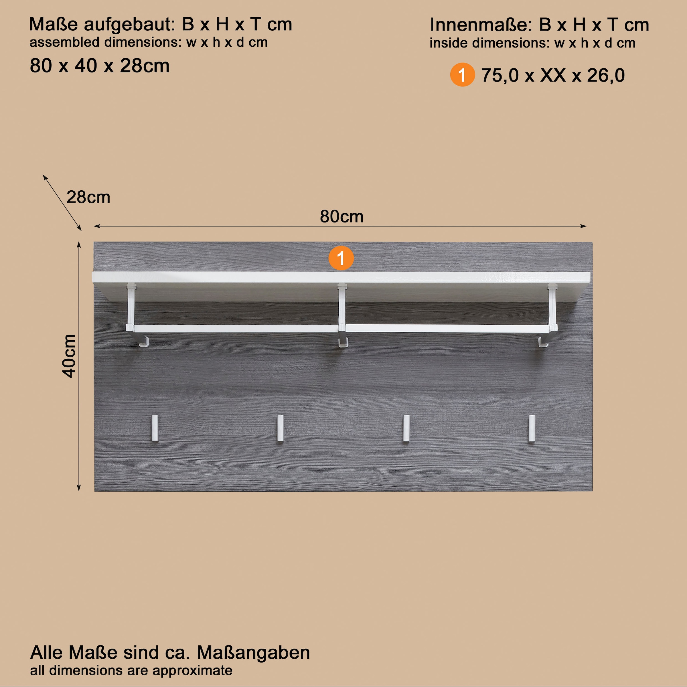 Home affaire Garderobenpaneel »Sovana« 1 Stk. tlg. Garderobenpaneel mit Ablage & Haken - (B/T/H) 80/28/40 cm