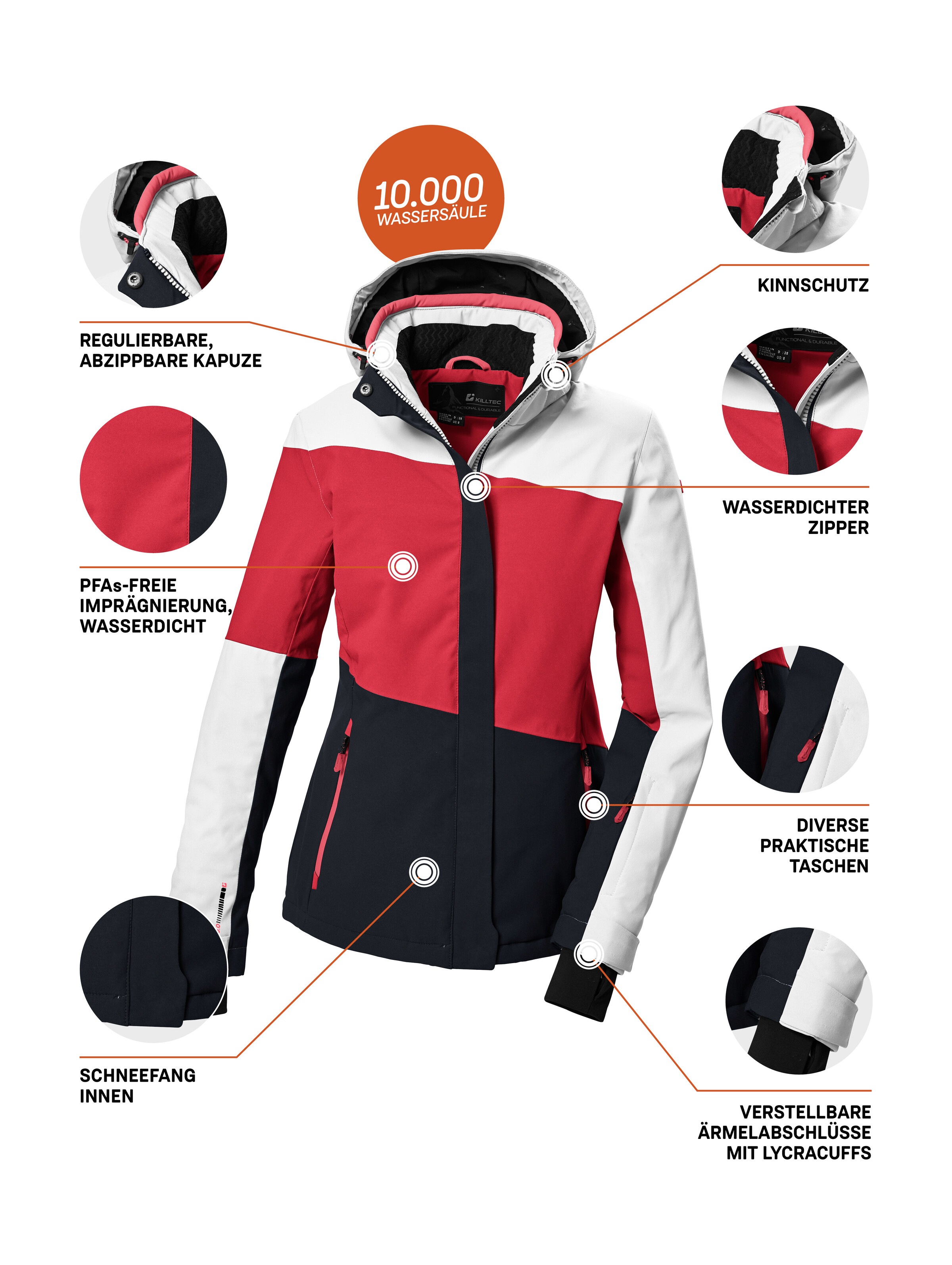 Killtec Skijacke »KSW 67 WMN SKI JCKT«, Damen Skijacke: wasserdicht, atmungsaktiv, abnehmbare Kapuze
