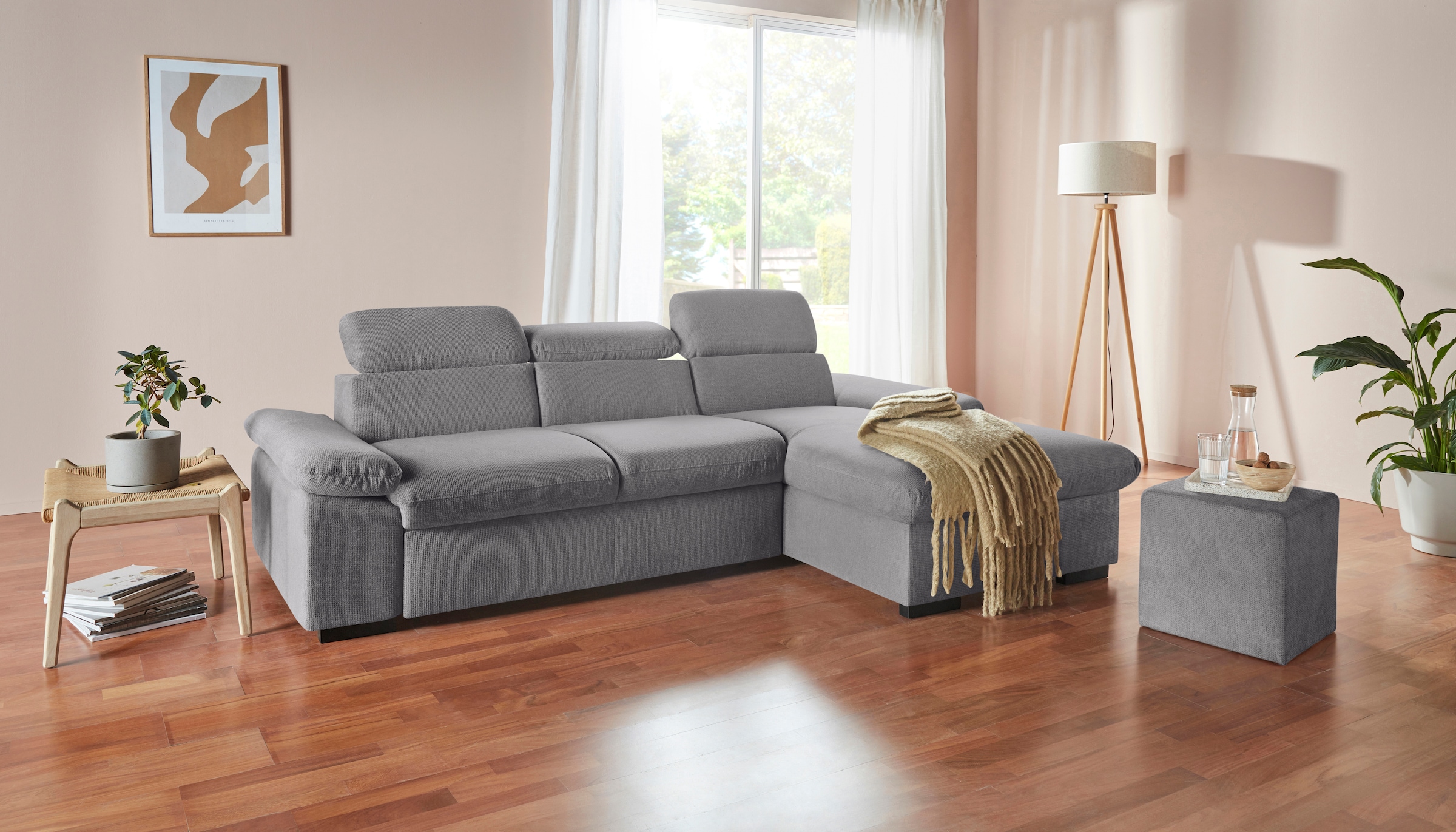 COTTA Ecksofa »Lola L-Form mit Kopfteilfunktion & Hocker«, (Set, mit Hocker), wahlweise mit Bettfunktion, Bettkasten & Armteilverstellung
