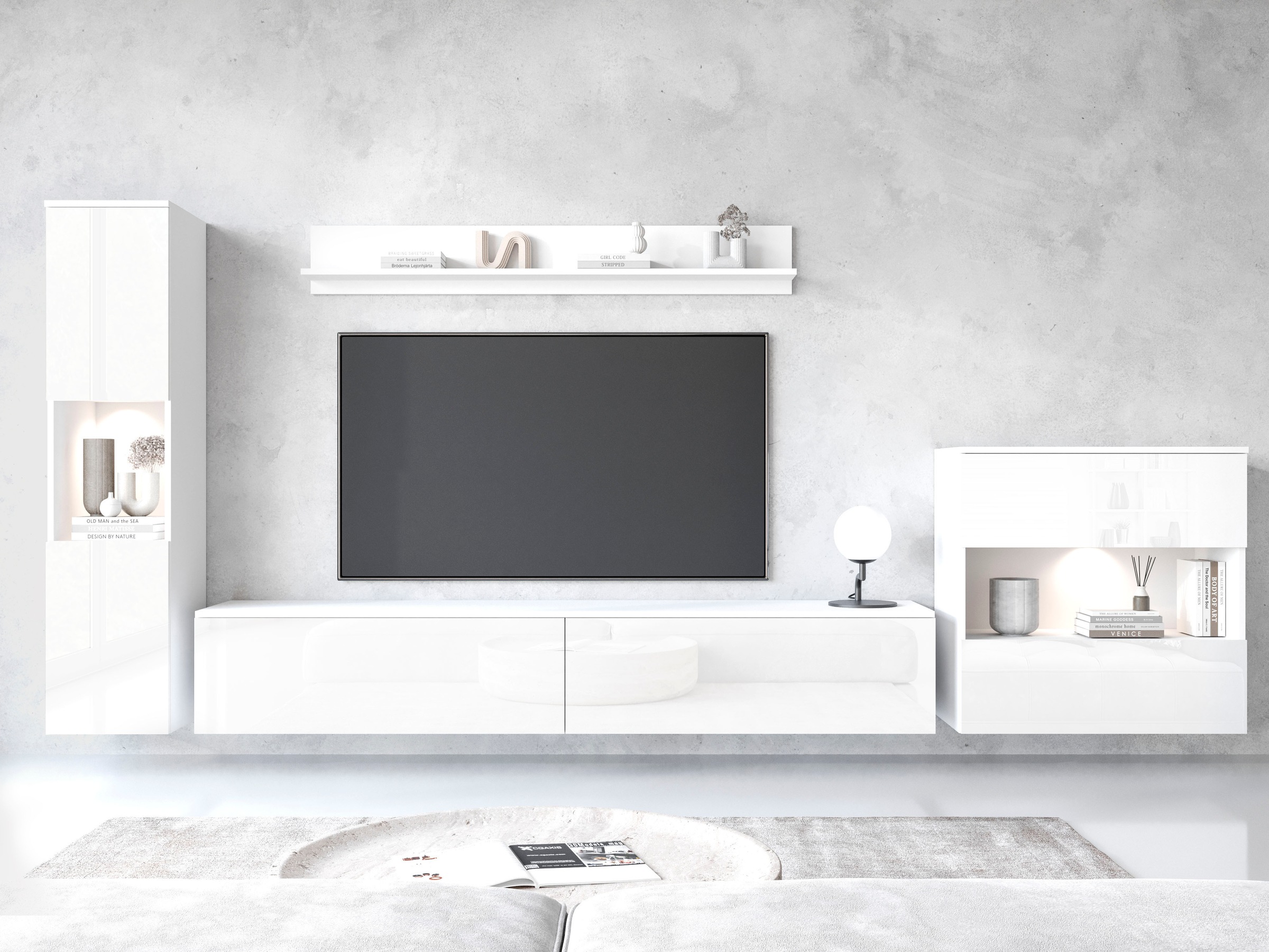 INOSIGN Wohnwand »PARIS, Vitrine Türanschlag links/rechts wechselbar«, (Komplett-Set, 4 St.), grifflose Design, stehend und hängend montierbar