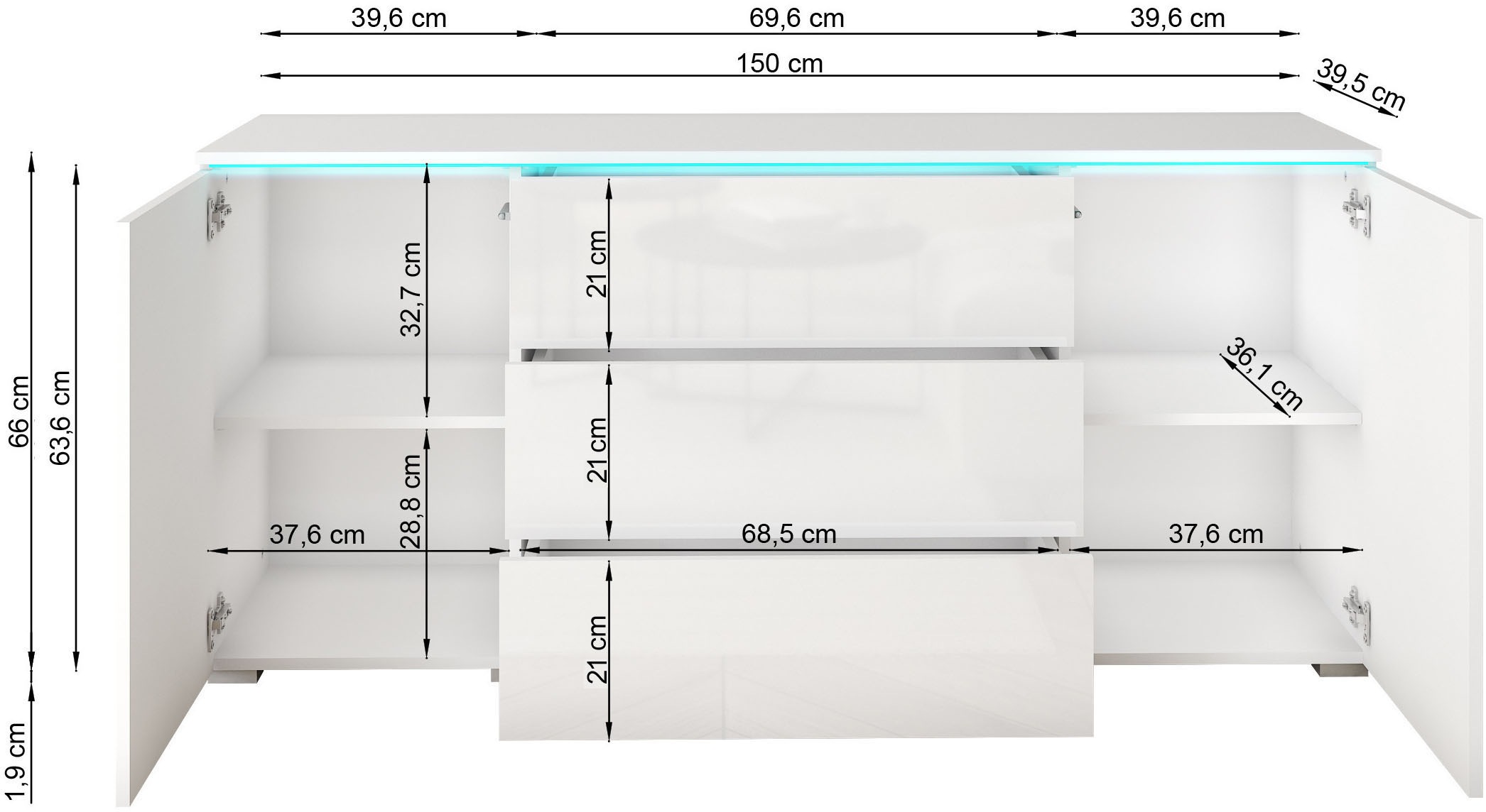 INOSIGN Sideboard »VERA, grifflos« verstellbare Einlegeböden, Wahlweise mit oder ohne Beleuchtung