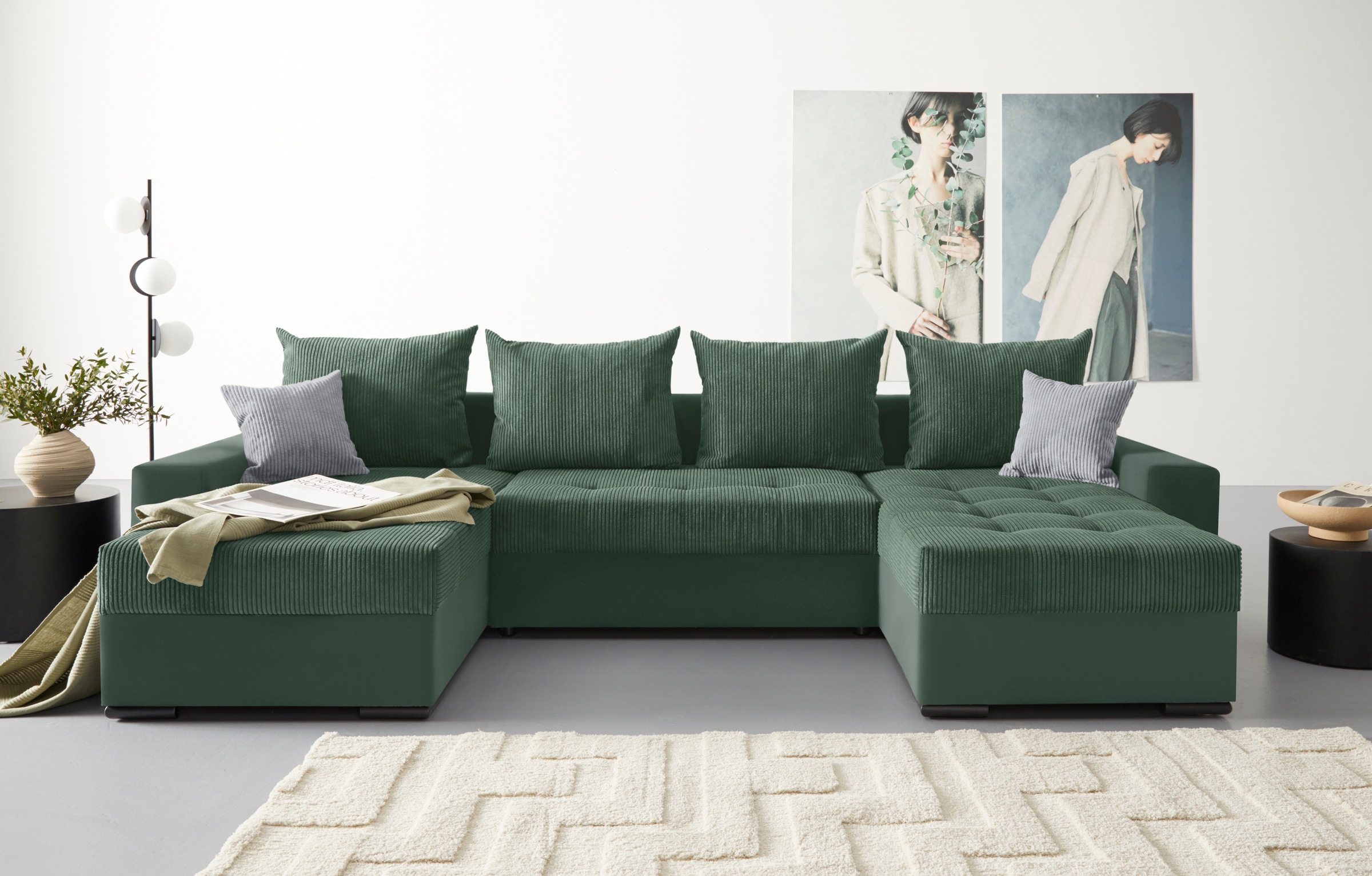 COLLECTION AB Wohnlandschaft »XL-Josy U-Form, Breite 313 cm, Cord-/Mix«, inkl. Bettfunktion, Bettkasten, mit 4 gleich großen Rückenkissen