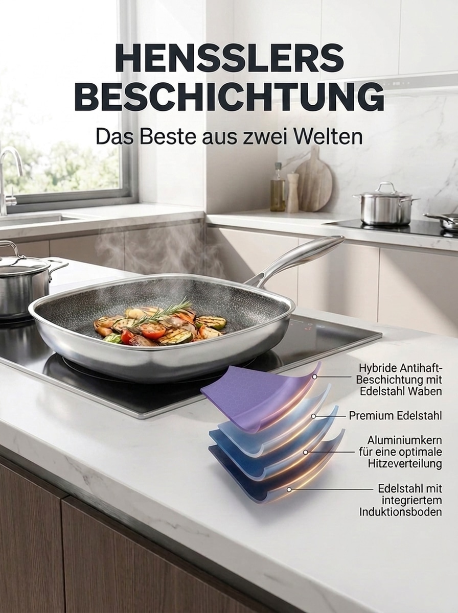 HENSSLERS Bratpfanne »Premium, aus Edelstahl, Eckpfanne mit Wabenstruktur, 28 cm« Edelstahl 18/10 1 tlg.