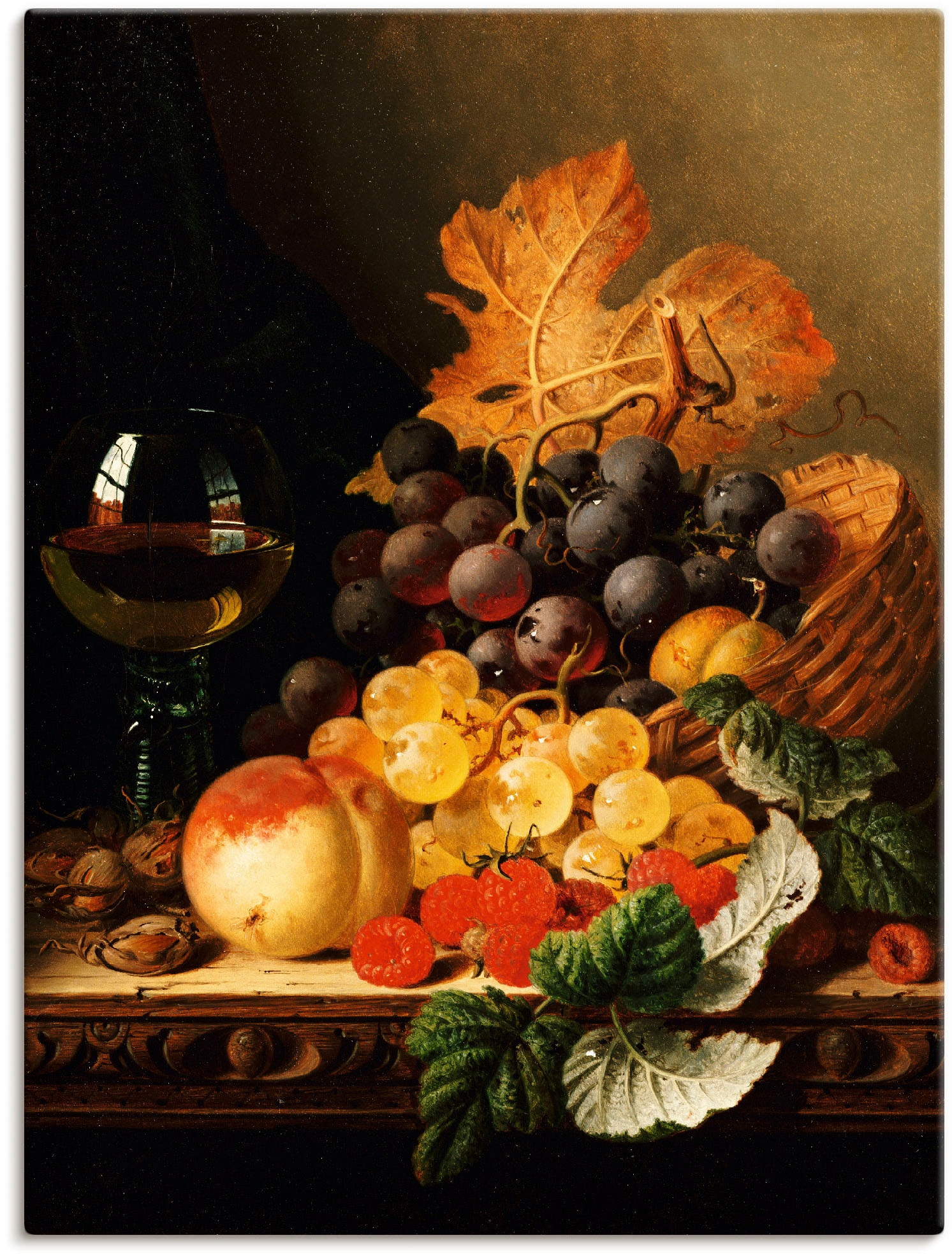 Artland Wandbild »Weintrauben Himbeeren Pfirsich Glas Wein«, Arrangements, (1 St.), in vielen Größen & Produktarten -Leinwandbild, Poster, Wandaufkleber / Wandtattoo auch für Badezimmer geeignet
