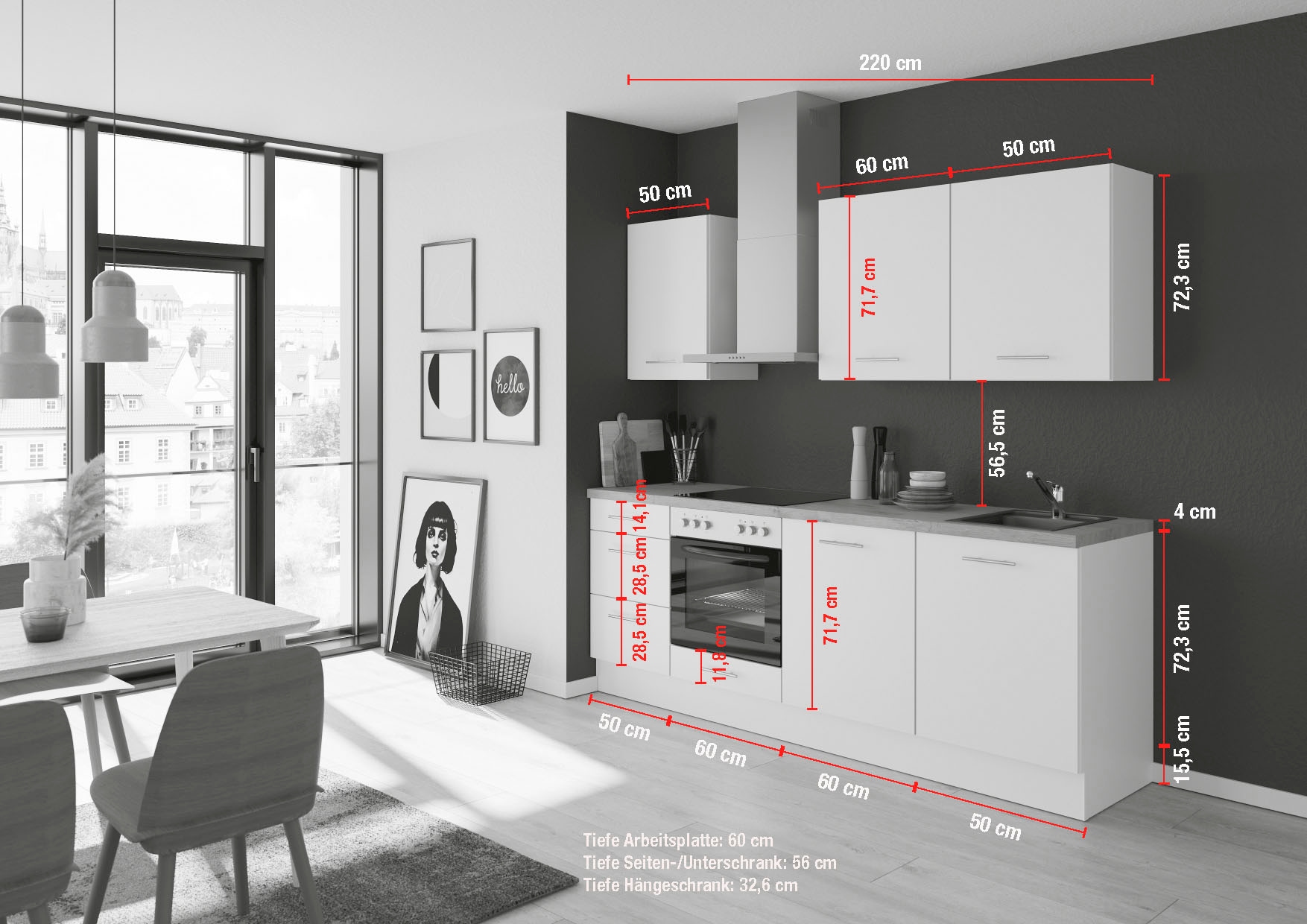 IMPULS KÜCHEN Küchenzeile »"Kopenhagen", Ausrichtung wählbar, Schubkästen mit Soft-Close«, vormontiert, wahlweise mit E-Geräten, Breite 220 cm