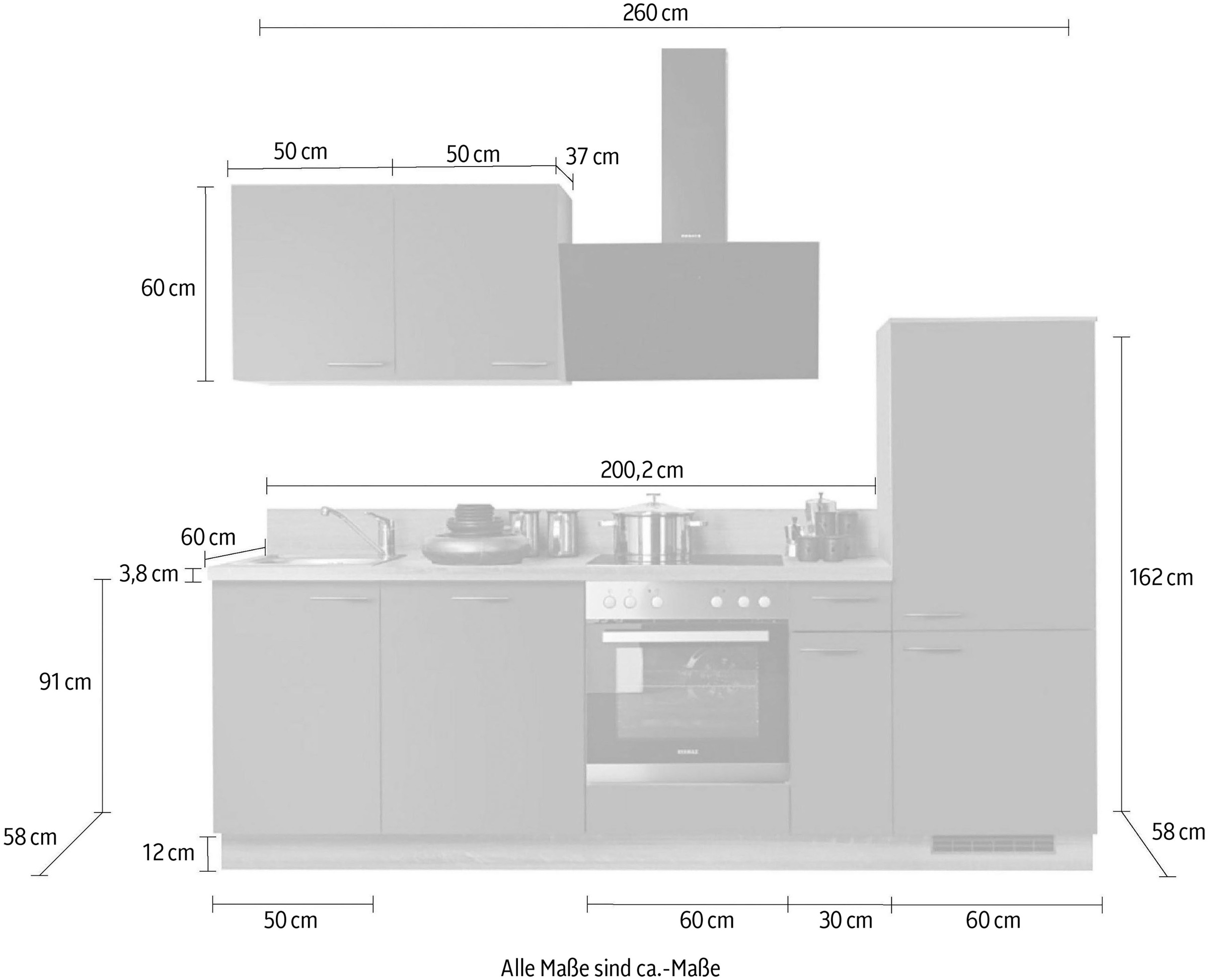 KOCHSTATION Küchenzeile »KS-Scafa, vormontiert, mit höhenverstellbaren Füßen, vormontiert, mit« Soft-Close, wahl. mit E-Geräten inkl. Geschirrspüler, Breite 260 cm